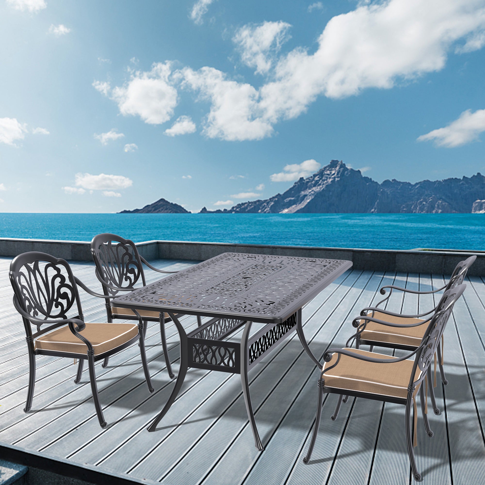 5-Piece Cast Aluminum Patio Furniture Set with Cushions (Random Colors) - Outdoor Dining & Lounge Set for Garden, Poolside & Backyard Relaxation