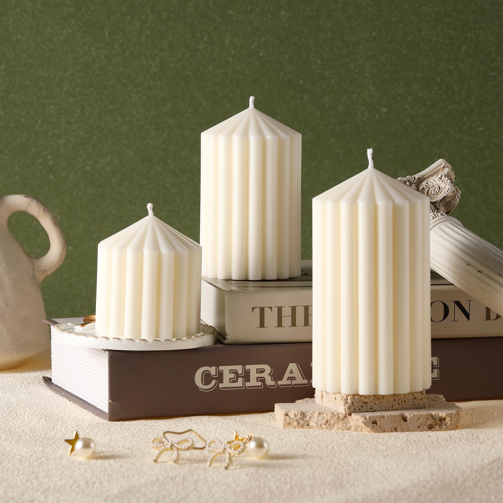 Soy Wax Ribbed Pillar Candles Set of 3 - Home Decor & Gifts