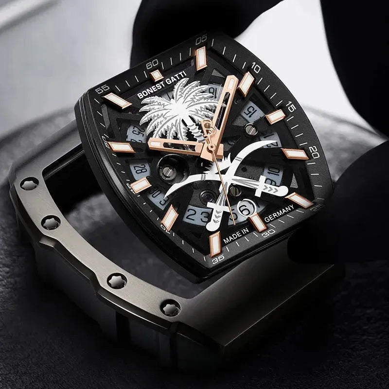 BONEST GATTI Men's Luxury Automatic Watch - German Mechanical Wristwatch with Luminous Coconut Tree Dial, Waterproof & Viton Strap - Perfect for Business, Formal Events & Everyday Wear