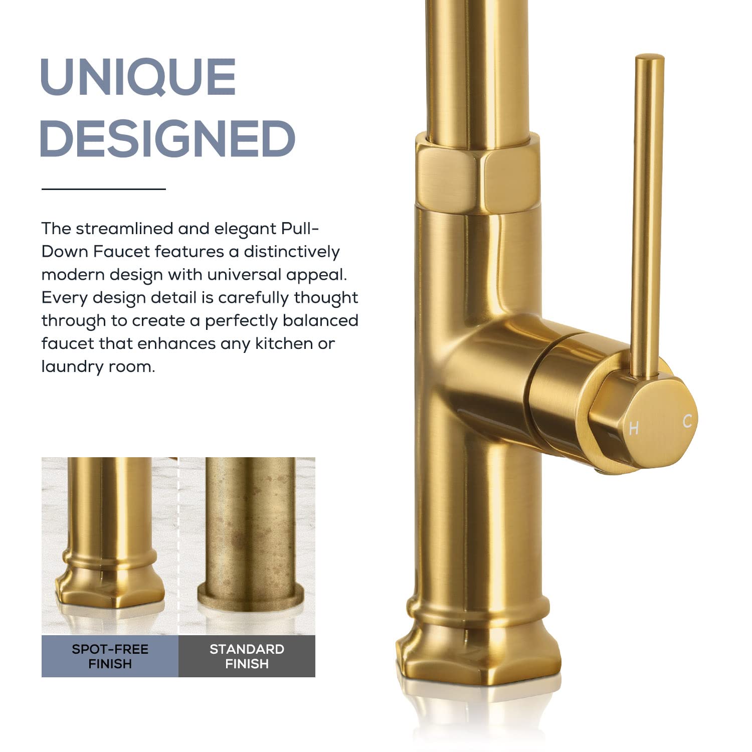 Modern Gold Kitchen Faucet with Pull Down Sprayer - Single Handle Brass Sink Faucet for 1 or 3 Hole Installation - Deck Plate Included - Perfect for Contemporary Kitchens & Bar Sinks