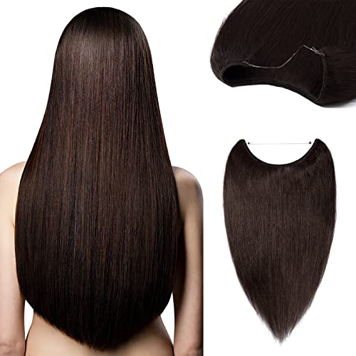 22 Inch Thick Dark Brown Human Hair Extensions - 120g Soft Straight Hair with Hidden Wire & Invisible Translucent Fish Line, No Clip Miracle Headband for Natural Look | Perfect for Parties, Weddings & Daily Styling