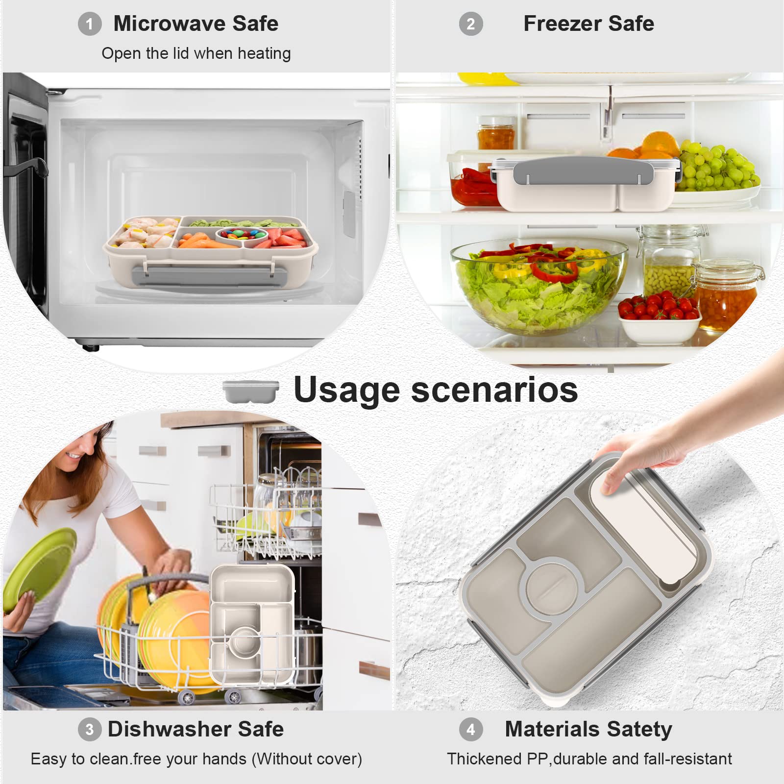 5 Compartment Bento Lunch Box for Adults & Kids - Microwave, Dishwasher & Freezer Safe with Sauce Containers | Perfect for School, Office & Picnic (White)