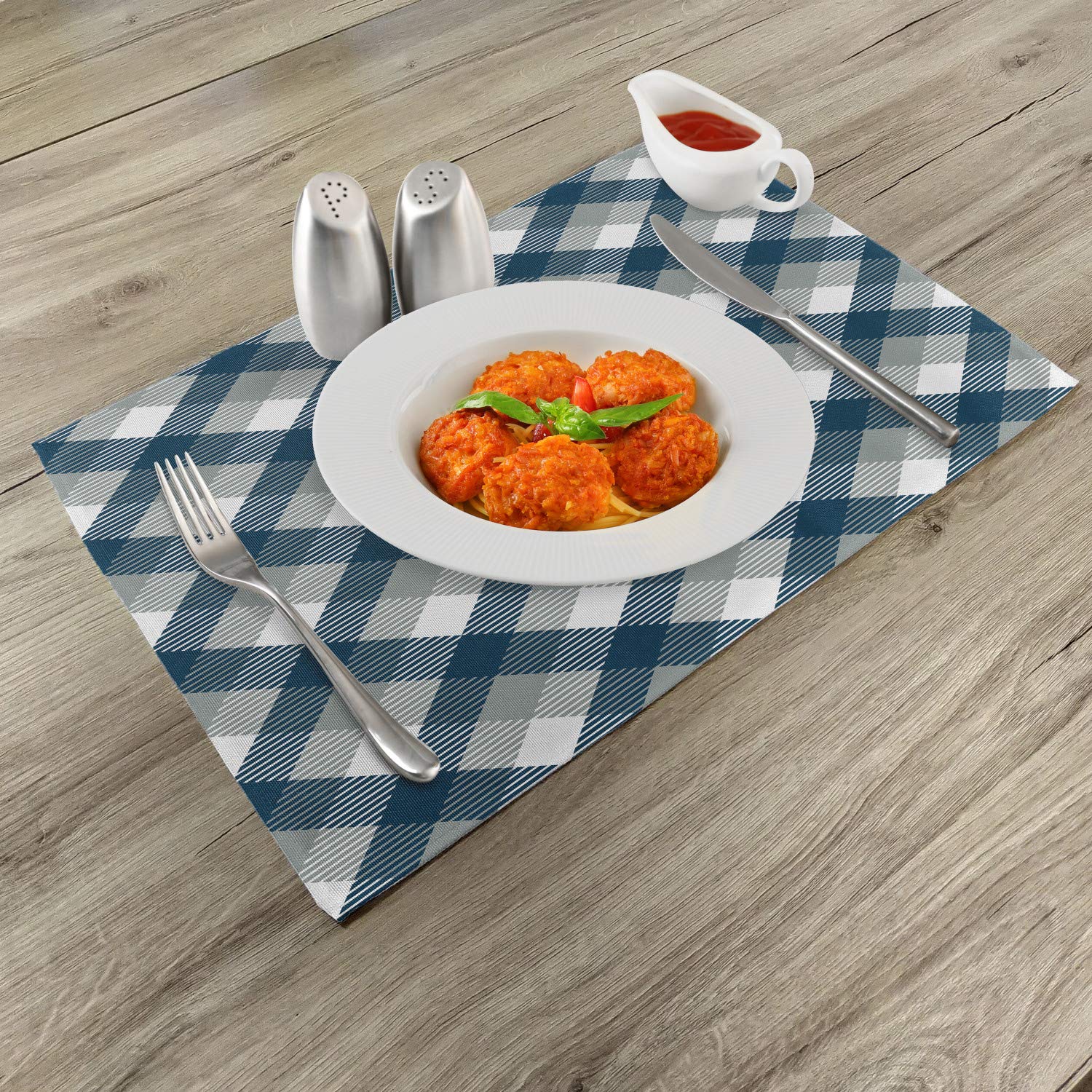 Ambesonne Navy Blue Place Mats Set of 4 - Abstract Checkered Tartan Geometric Pattern Washable Fabric Table Mats for Dining Room & Kitchen Decor - Perfect for Holiday Dinners, Parties & Everyday Use (Dark Blue, White, Grey)