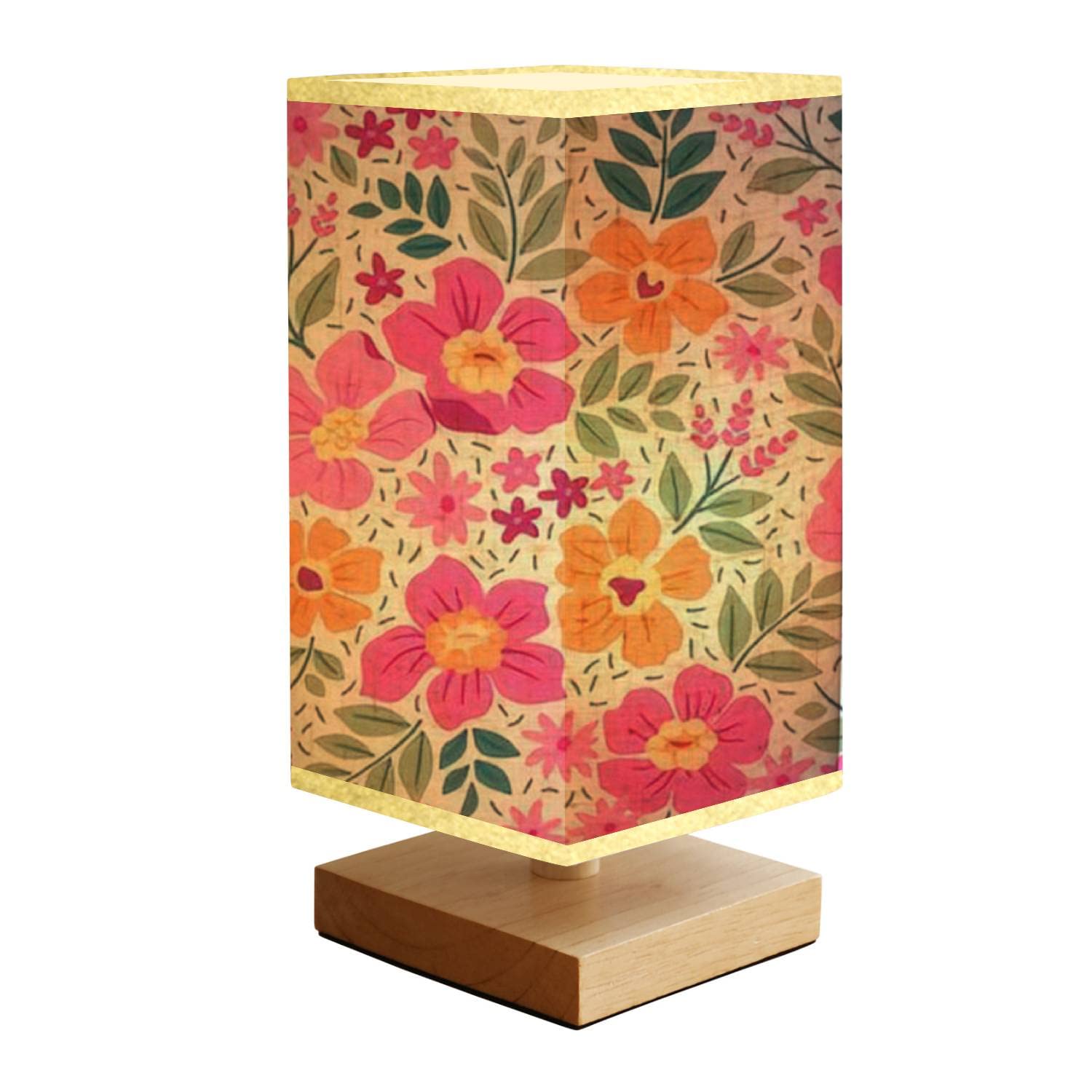 Fantasy Floral Table Lamp with Light Pink & Yellow Flowers - Minimalist Wood Base & Rectangular Fabric Shade - Bedside Nightstand Lamp for Bedroom, Living Room - Perfect for Reading, Relaxing & Creating Cozy Ambiance