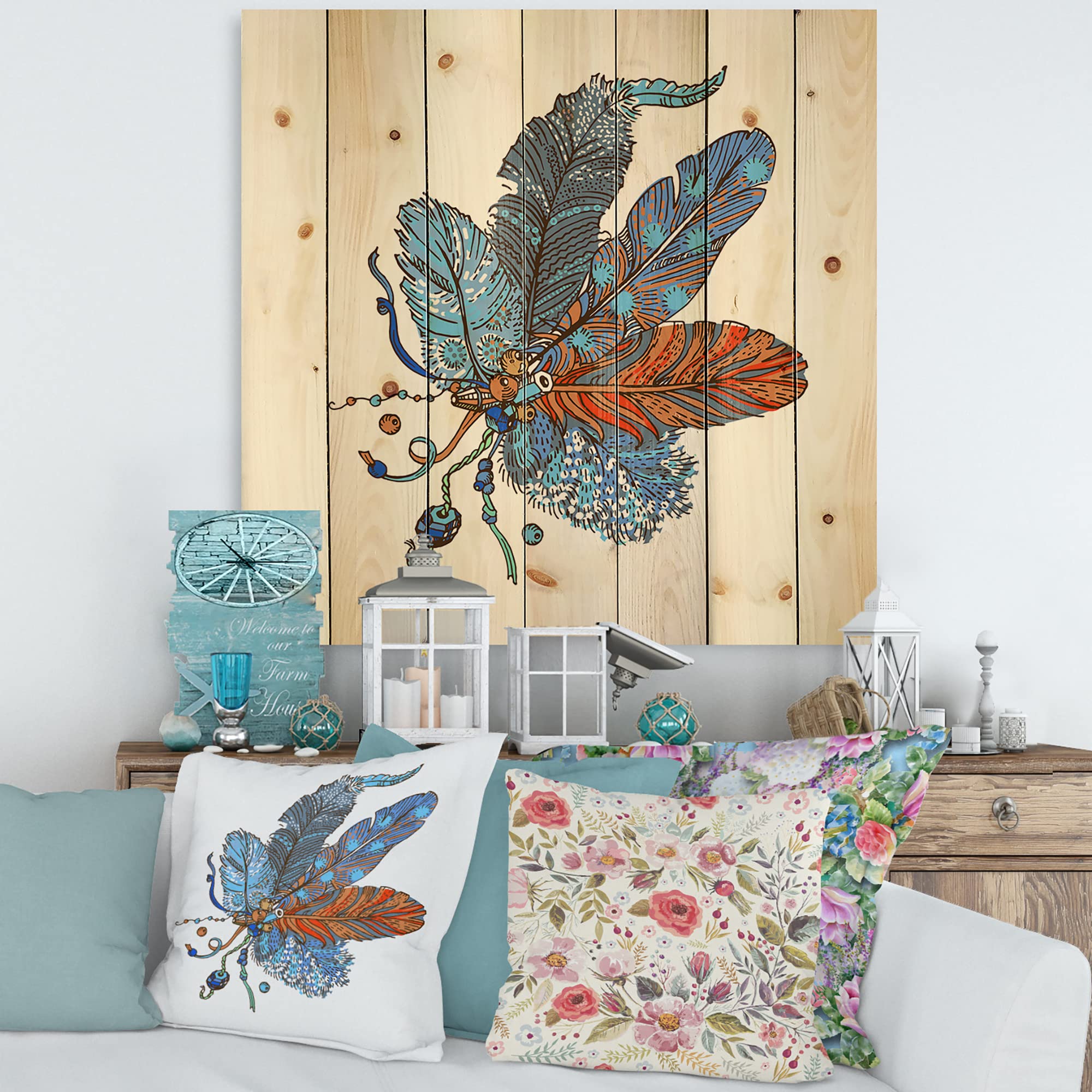 Bohemian Wood Wall Decor - Blue Floral Wood Wall Art Panels, Large Ethnic Boho Style Design Printed on Natural Pine Wood | Perfect for Living Room, Bedroom & Home Office Decor