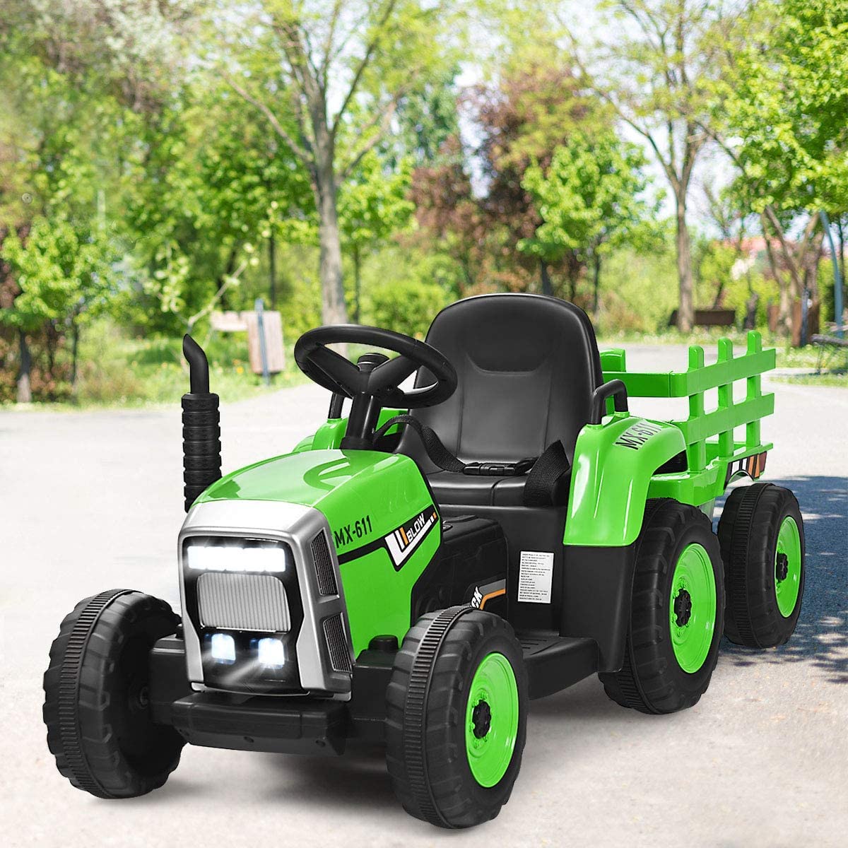 GLACER 12V Battery Powered Kids Ride on Tractor with Trailer - Remote Control Electric Toy Car for Toddlers, 3-Speed Gear Shift, LED Lights & Music - Green Ride-On Loader for Outdoor Play & Backyard Fun