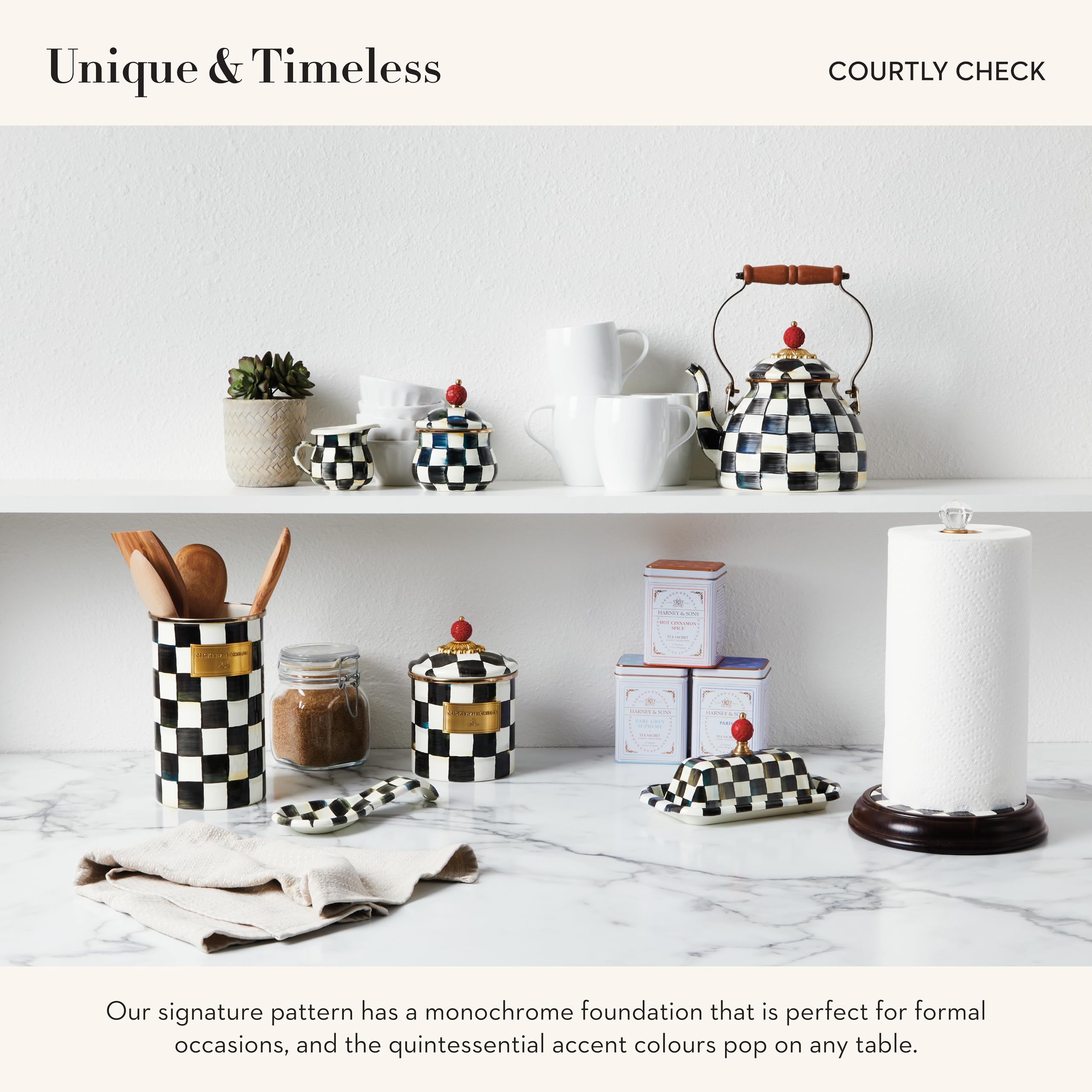MACKENZIE-CHILDS Large Enamel Canister - 1.89L Kitchen Storage Container for Flour, Sugar, Coffee & Dry Goods - Black & White Courtly Check Design - Perfect for Pantry Organization & Farmhouse Style Kitchens
