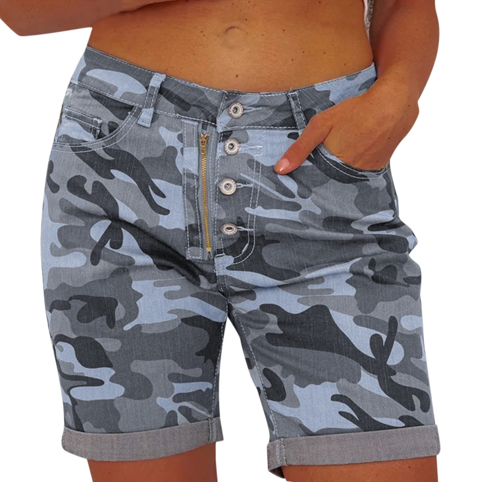 WOCACHI Women's Bermuda Denim Shorts - Casual Summer Knee-Length Button-Up Jean Shorts for Walking, Beach, and Outdoor Activities