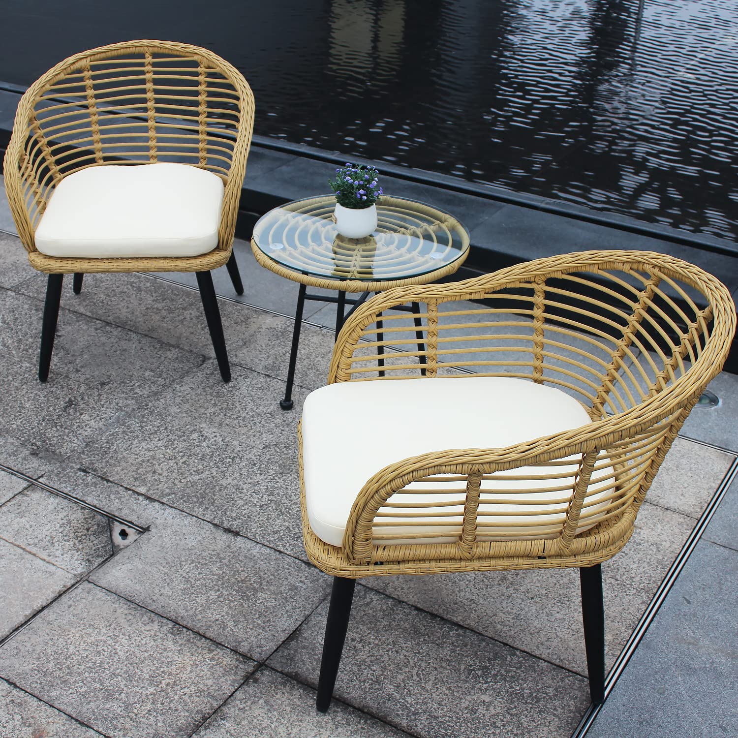 3-Piece Outdoor Bistro Set - Natural Yellow Wicker Chairs with Beige Cushions & Tempered Glass Table - Patio Furniture for Balcony, Garden, or Backyard - Perfect for Coffee, Dining, and Relaxing Outdoors