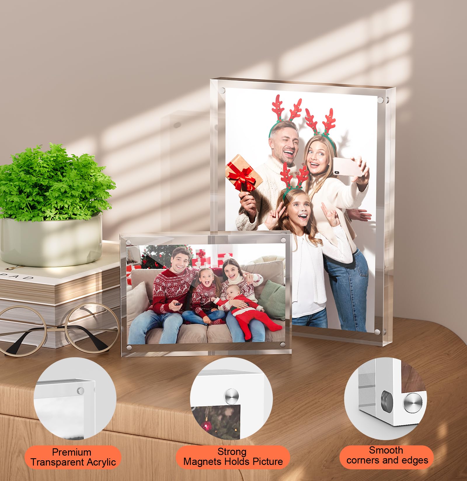 8x10 Acrylic Picture Frames 2 Pack - 20% Thicker Clear Magnetic Photo Frames, Double Sided Freestanding Frameless Display for Desk, Wall or Tabletop - Perfect for Office Decor, Family Photos & Artwork Display