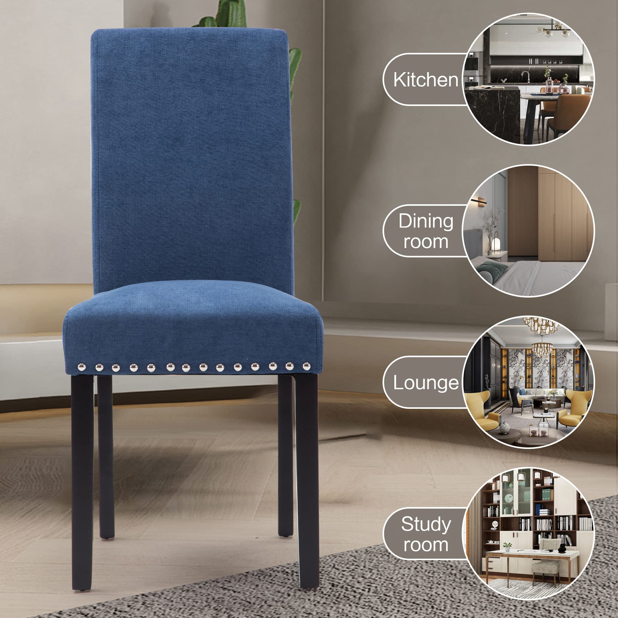 2 Pack Fabric Upholstered Dining Chairs - Modern Parson Chairs with Nailhead Trim & Solid Wood Legs for Kitchen, Dining Room & Home Decor - Blue Velvet Accent Chairs for Elegant Entertaining