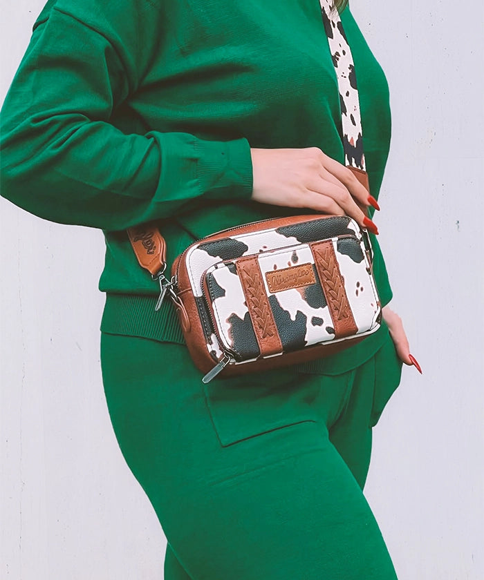 Wrangler Cow Print Crossbody Bag for Women - Stylish Western Cowhide Leather Purse with Adjustable Strap - Perfect for Casual Outings, Travel & Shopping