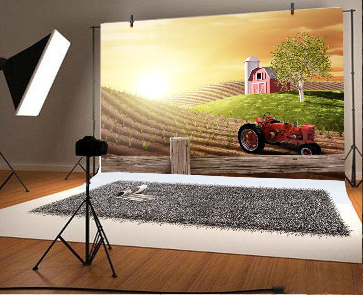 7x5ft Farm Photography Backdrop - Sunrise Countryside Landscape with Barn, Tractor & Truck for Newborn, Family & Maternity Photo Shoots | Studio Props for Rustic, Agriculture & Rural Themed Sessions