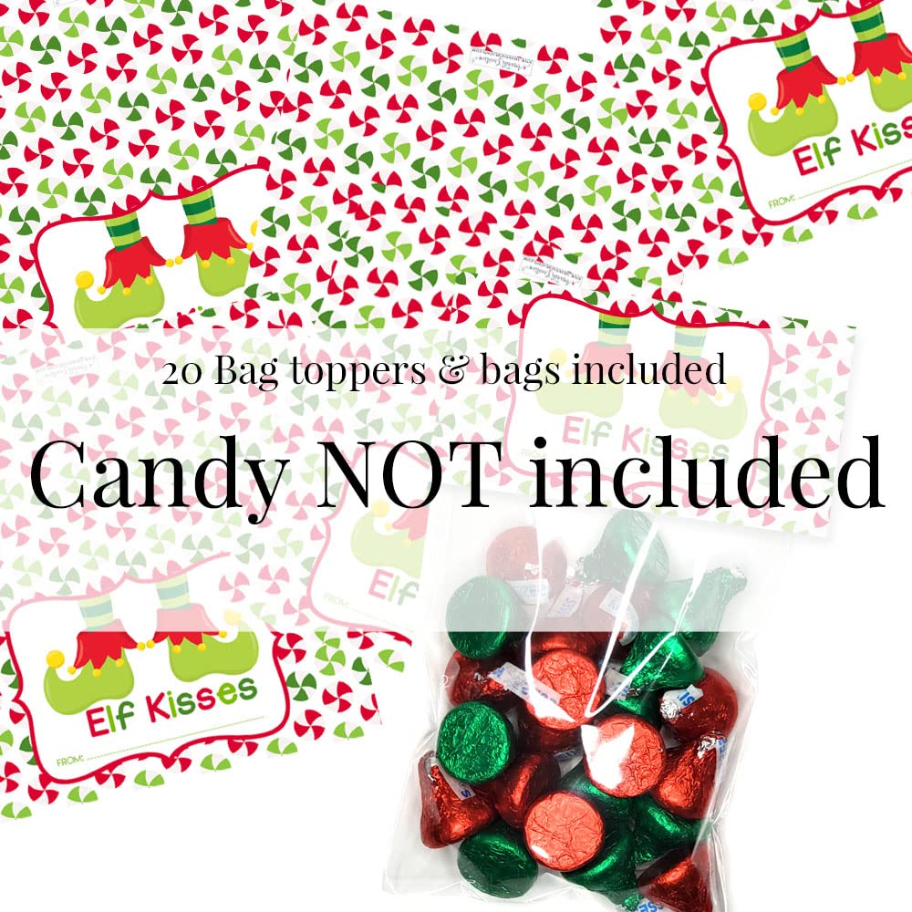 Elf Kisses Christmas Treat Bag Toppers - 20 Count with Self-Adhesive Bags Included | Holiday Party Favors, Classroom Treats & Gift Bag Decorations by AmandaCreation