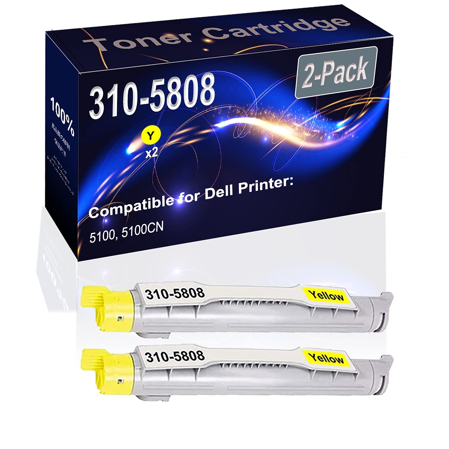 2-Pack High Yield 5100/5100CN Compatible Laser Toner Cartridge (Yellow) - Replacement for Dell 310-5808 (H7030) Printer | Office & Home Printing Solution