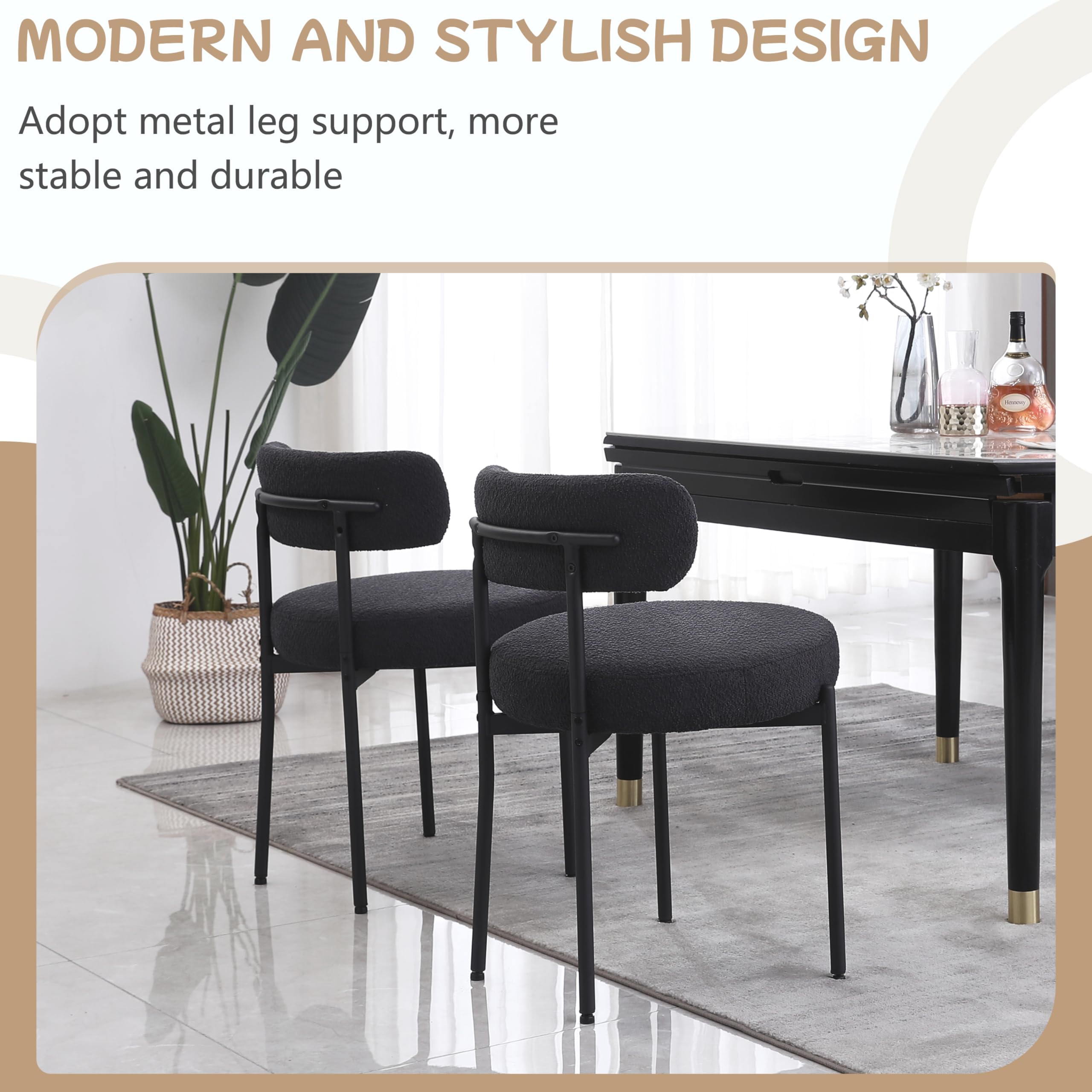 Black Boucle Dining Chairs Set of 4 - Round Upholstered Mid-Century Modern Kitchen Chairs with Curved Backrest & Metal Legs - Perfect for Dining Room, Kitchen Island, Breakfast Nook & Small Space Decor