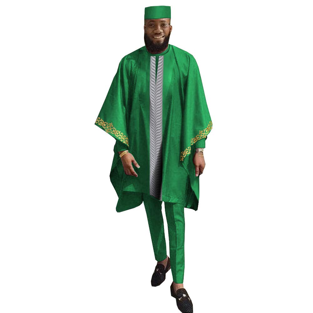 African Men's Agbada Outfit Set - 4 Piece White Kaftan with Long Sleeve Ankara Shirt, Pants & Hat | Traditional Nigerian Wedding Attire & Special Occasion Wear