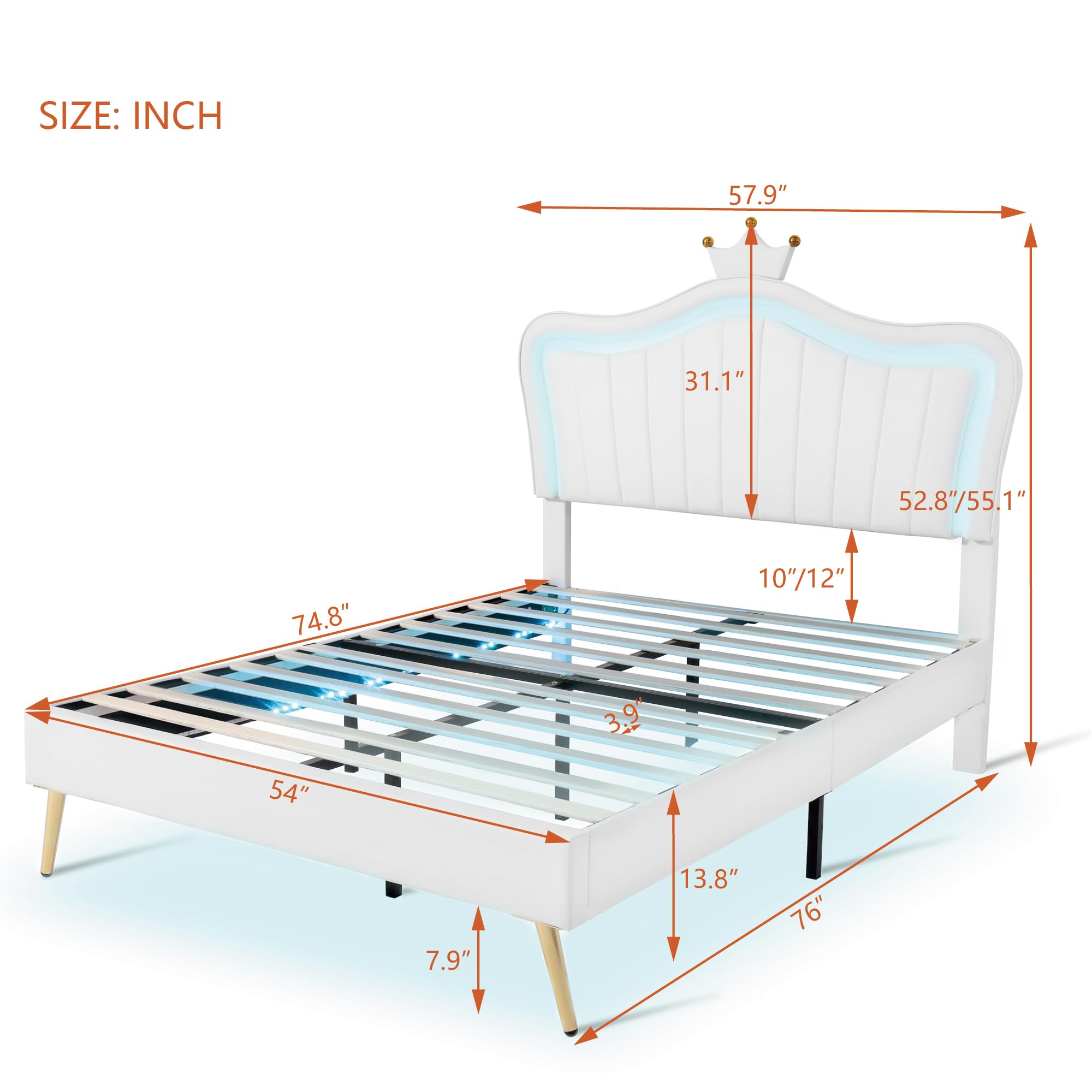 Harper & Bright Designs Full Size Princess Bed with Crown Headboard & LED Lights - PU Upholstered Platform Bed Frame for Kids, Adjustable Headboard, Boys & Girls Bedroom Furniture (White) - Perfect for Princess-Themed Bedrooms, Sleepovers & Kids' Room Decor