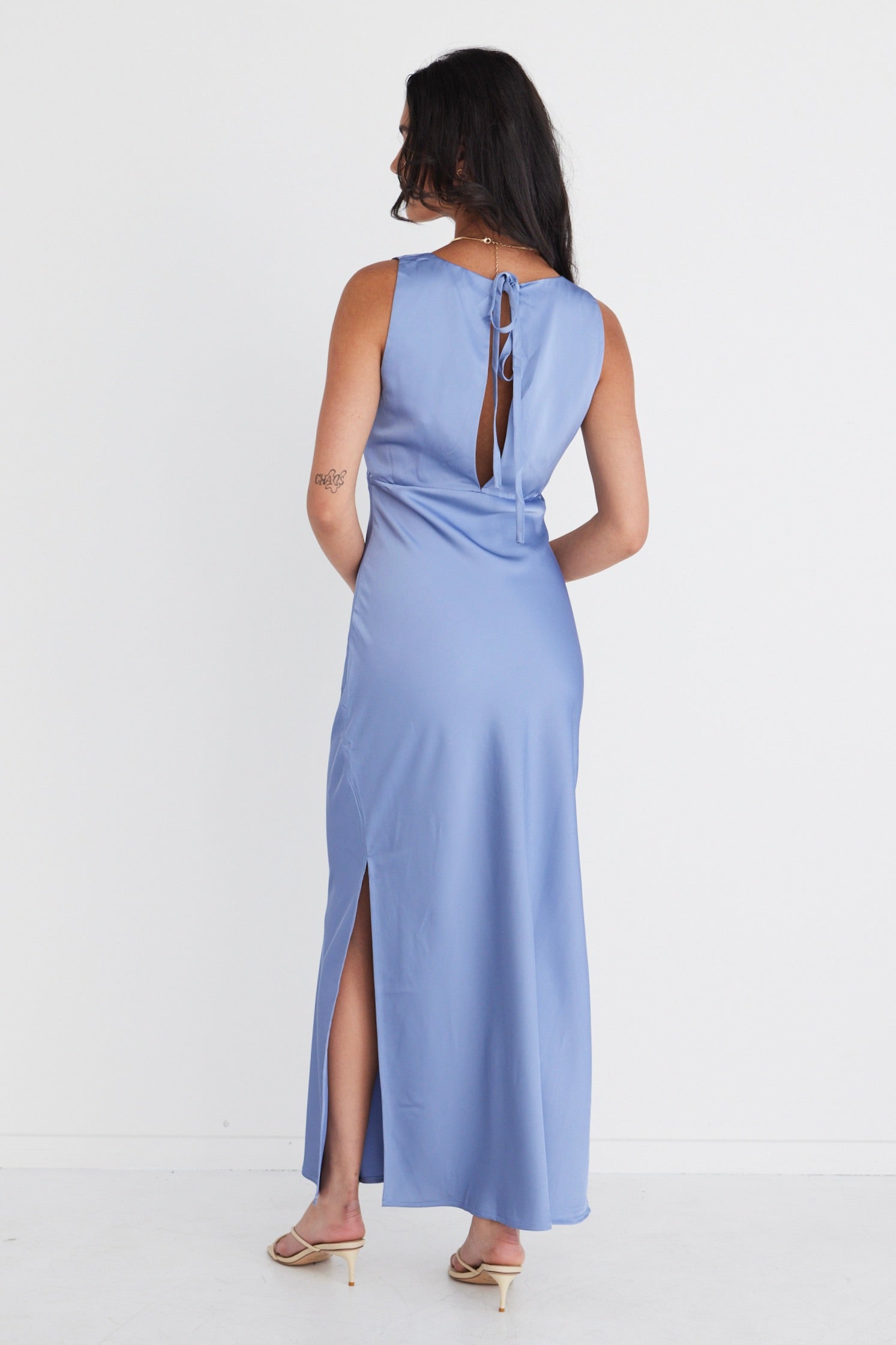 Elegant Mable Slate Satin Sleeveless Empire Tie Back Maxi Dress for Women - Summer Beach Wedding Party & Vacation Outfit