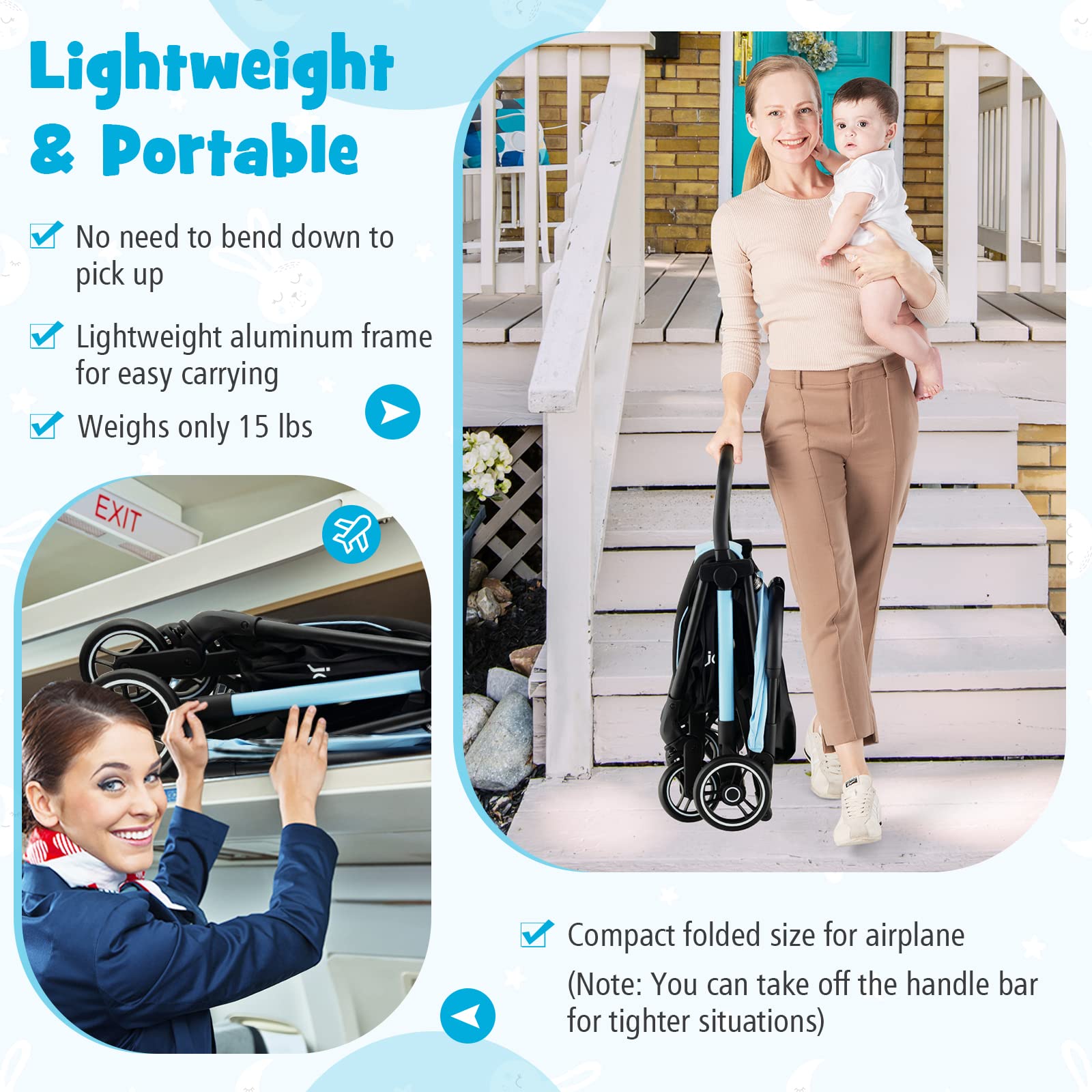 BABY JOY Lightweight Compact Travel Stroller for Airplane - Adjustable Backrest & Canopy, Storage Basket, Self Standing Gravity Fold, Aluminum Frame Baby Stroller for Infants & Toddlers (Blue) - Perfect for Air Travel, Shopping & Daily Walks