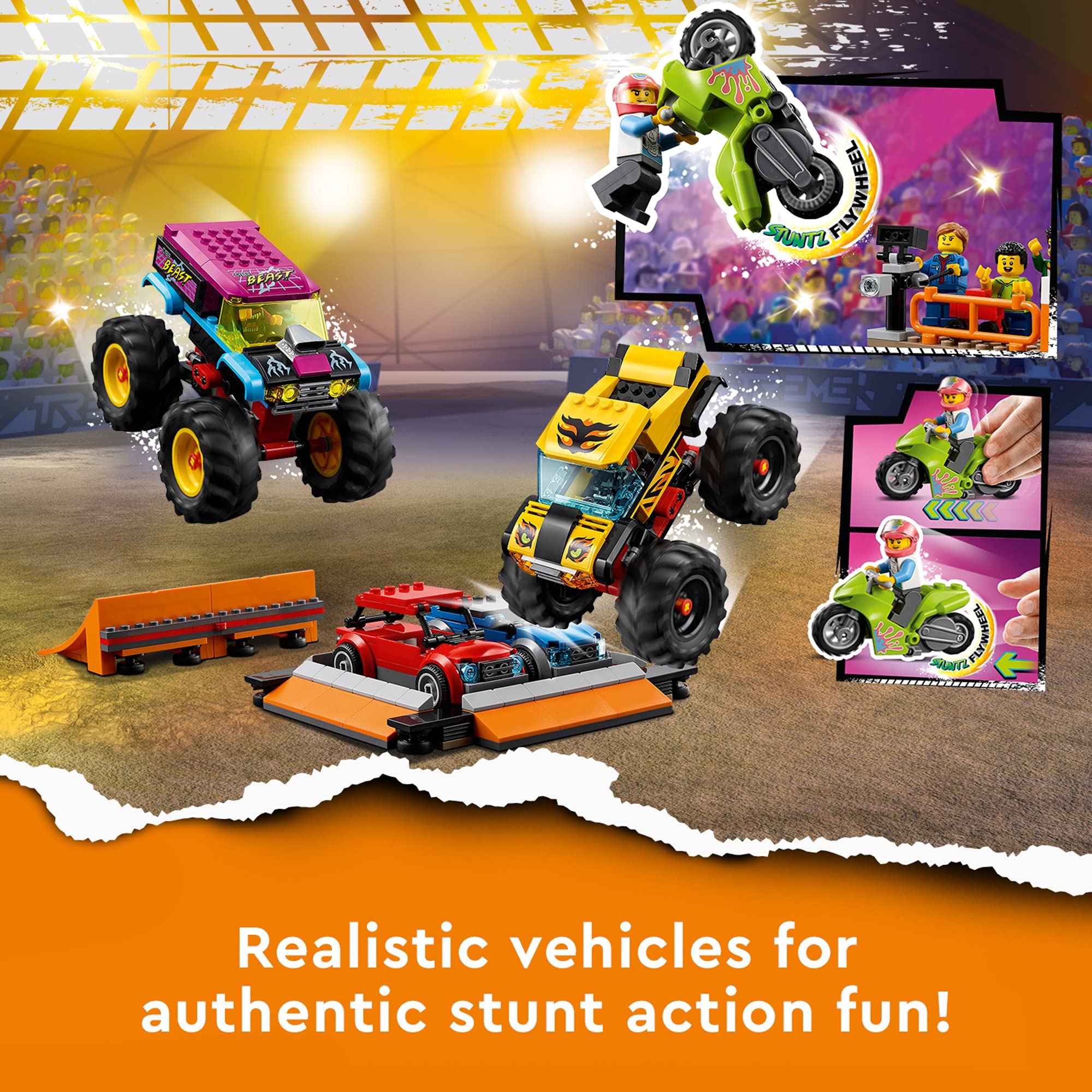 LEGO City Stunt Show Arena 60295 Building Toy Set with 2 Monster Trucks, 2 Collapsible Cars, Stunt Bike, Ramps & 6 Minifigures – Interactive Playset for Kids Ages 6+ | Perfect for Creative Play, Birthday Gifts & STEM Learning