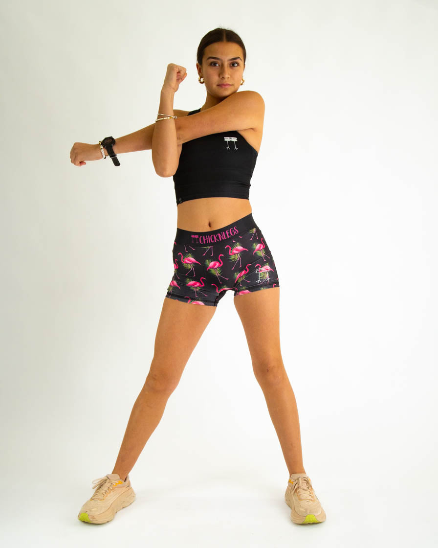Women's Flamingo Print 3-Inch High Waist Compression Running Shorts - Moisture Wicking & Breathable for Workout, Gym & Outdoor Sports