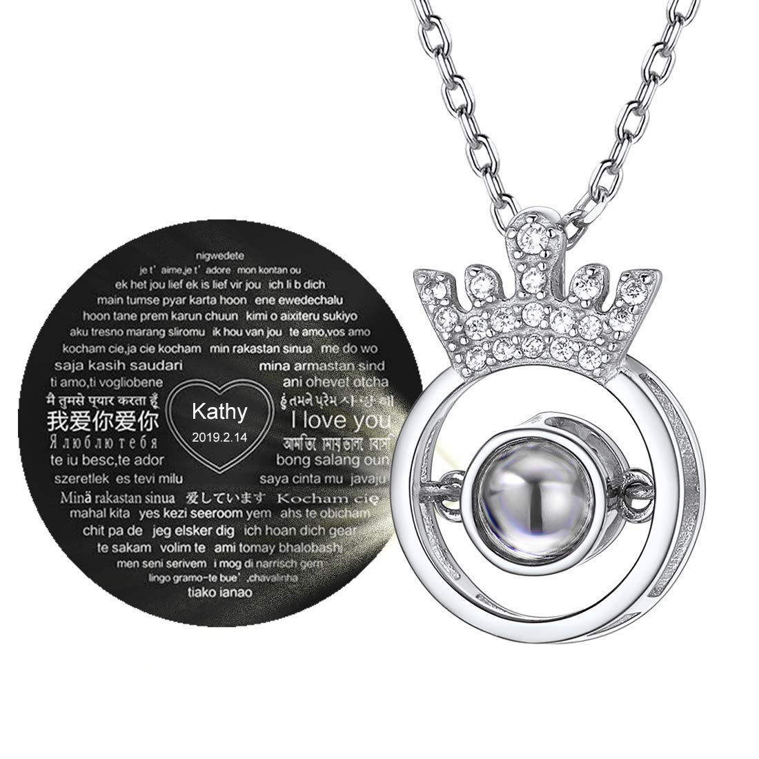 ChicSilver Personalized 925 Sterling Silver 'I Love You' in 100 Languages Projection Necklace - Heart, Crown & Antler Pendant Jewelry for Women & Girls | Romantic Gift, Anniversary Present, Valentine's Day Keepsake (Includes Gift Box)