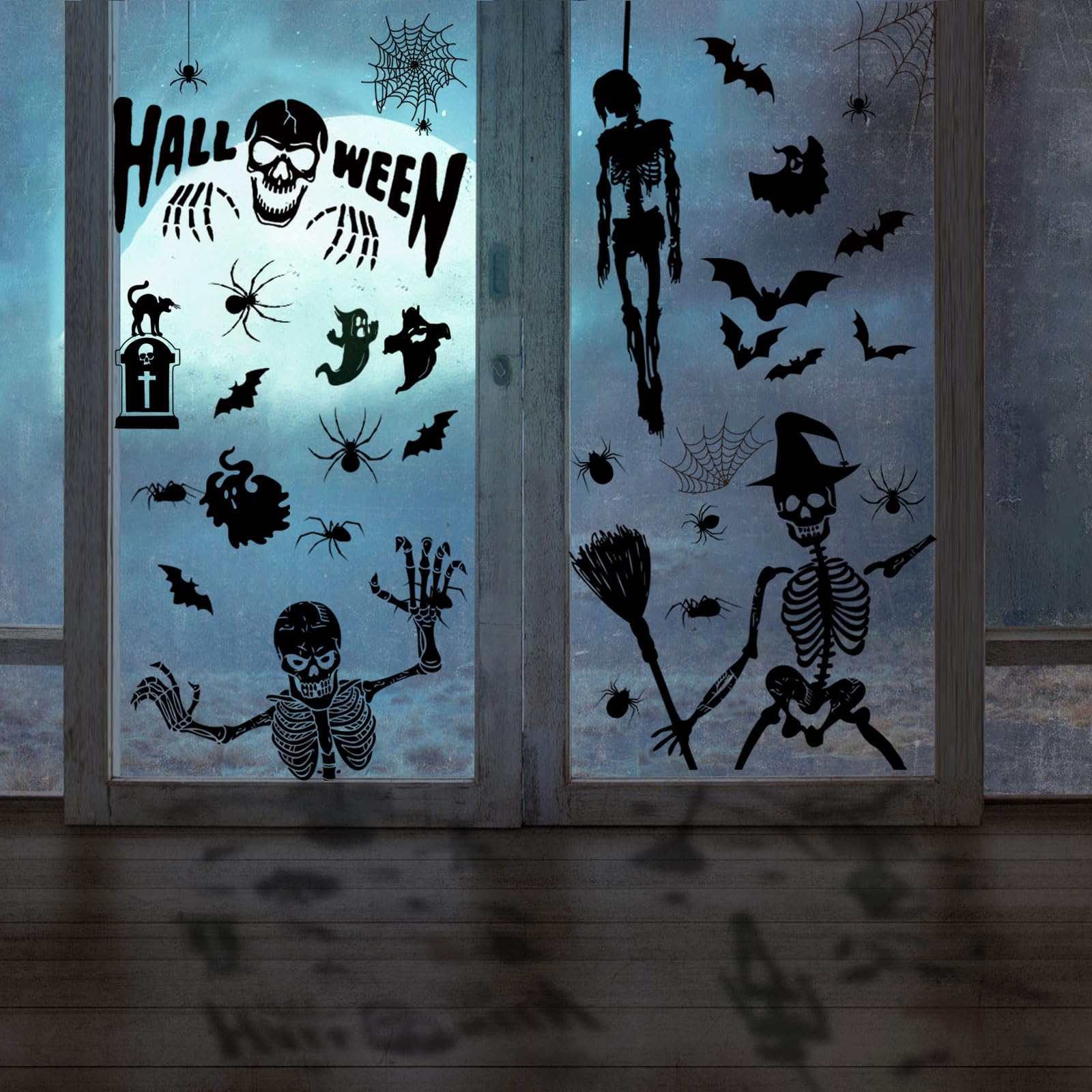 BBLIKE Halloween Window Stickers - 9 Sheets Spooky Bat & Skull Window Decals for Halloween Party Decorations - Perfect for Home, Office, and Classroom Halloween Decor
