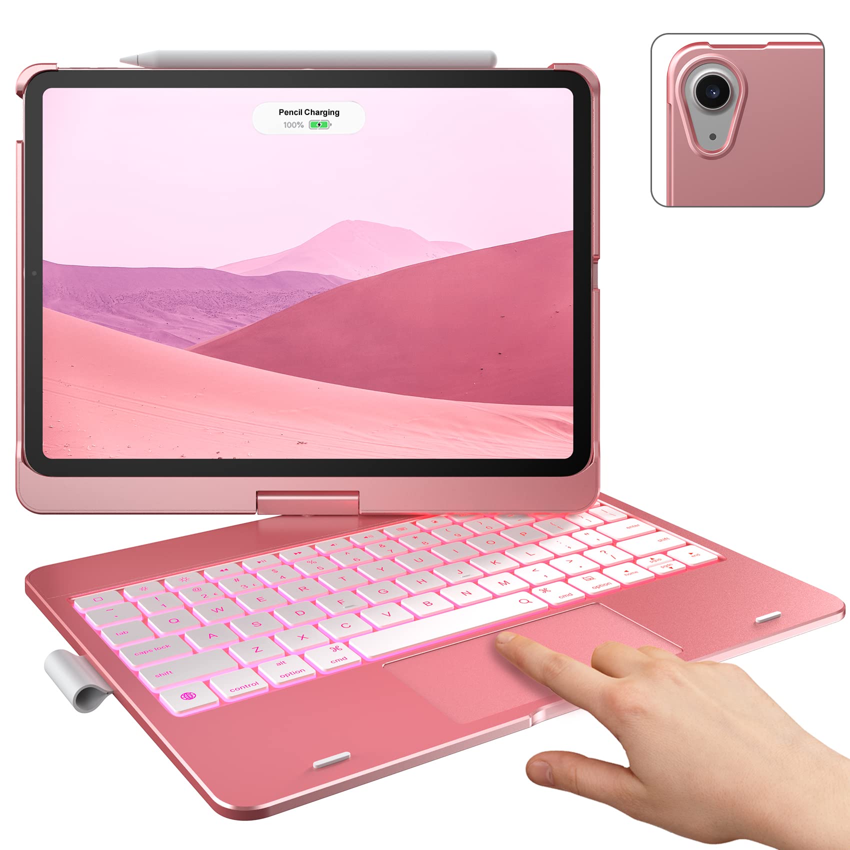 Wireless Backlit Keyboard Case with Touchpad for iPad Air 5th & 4th Gen (10.9-inch, 2022) - 360° Rotatable Stand, Pencil Holder, Rose Gold - Perfect for Work, Study & Travel
