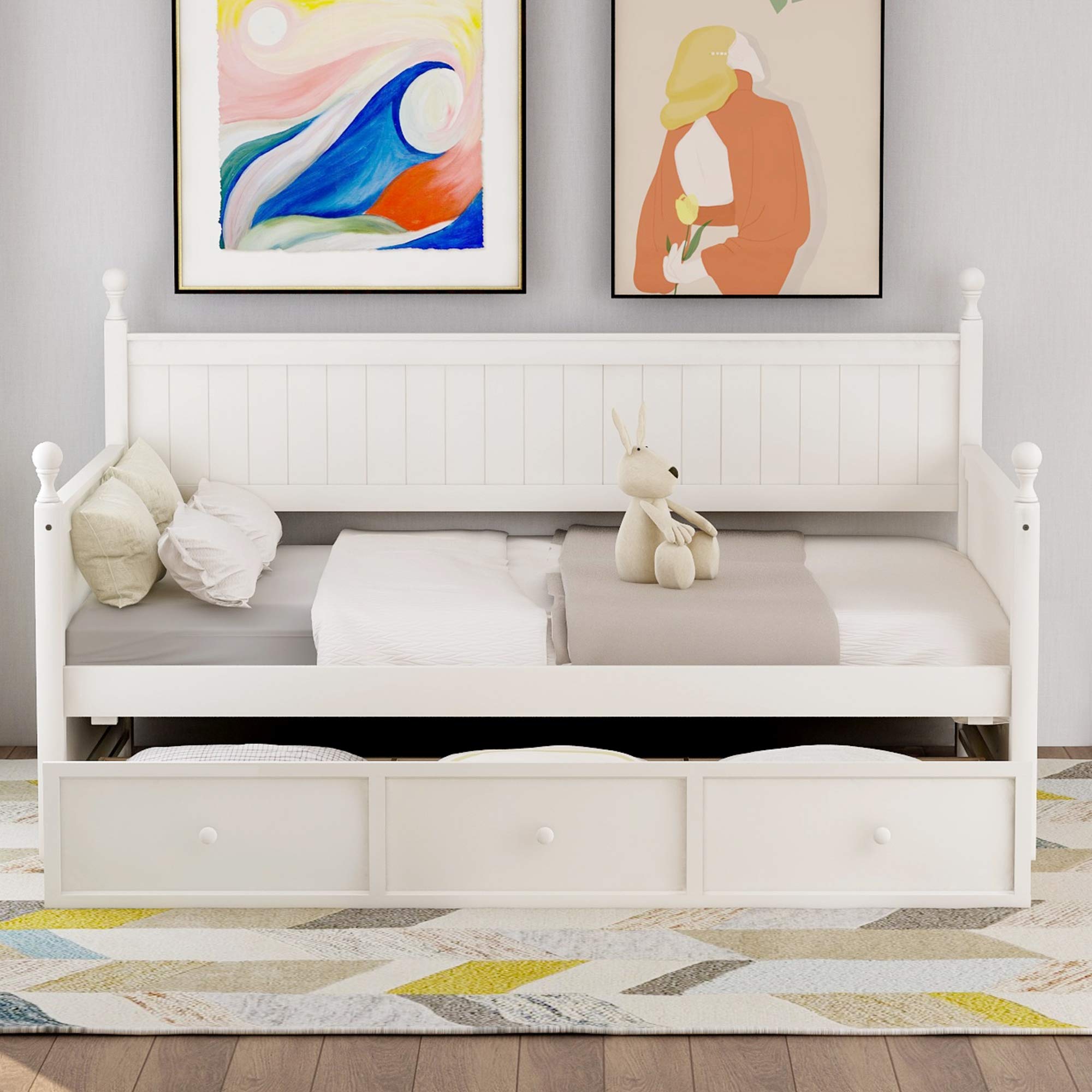 SOFTSEA Twin Daybed with Drawers - Multifunctional Wooden Platform Bed Frame for Kids, Teens & Adults - White with Storage - Perfect for Guest Rooms, Dormitories & Small Spaces