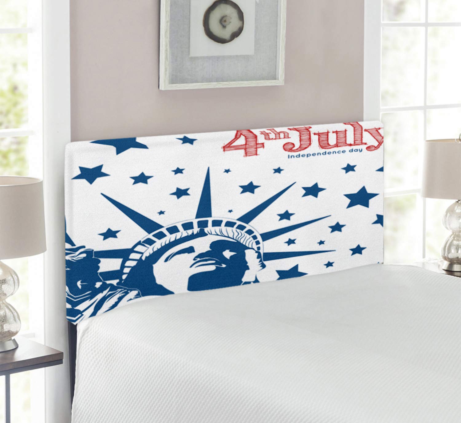 Ambesonne 4th of July Patriotic Headboard - Statue of Liberty & Stars Independence Design, Upholstered Metal Bed Frame with Memory Foam, Twin Size in Red White & Navy Blue - Perfect for Independence Day Decor & American-Themed Bedrooms