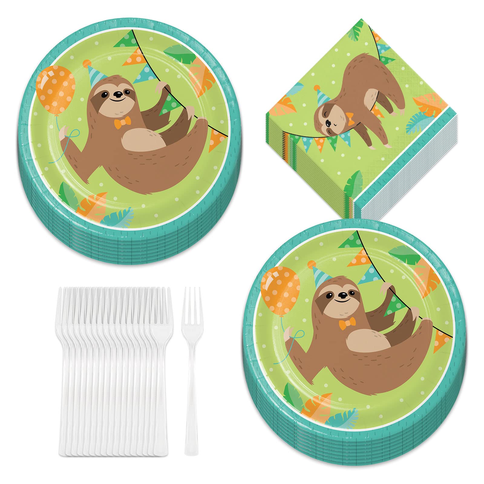 Sloth Party Supplies Set - 16 Hanging Sloth Animal Paper Dinner Plates, Lunch Napkins & Forks for Jungle Theme Birthday Party Decorations | Perfect for Kids Birthday, Baby Shower & Tropical Themed Events