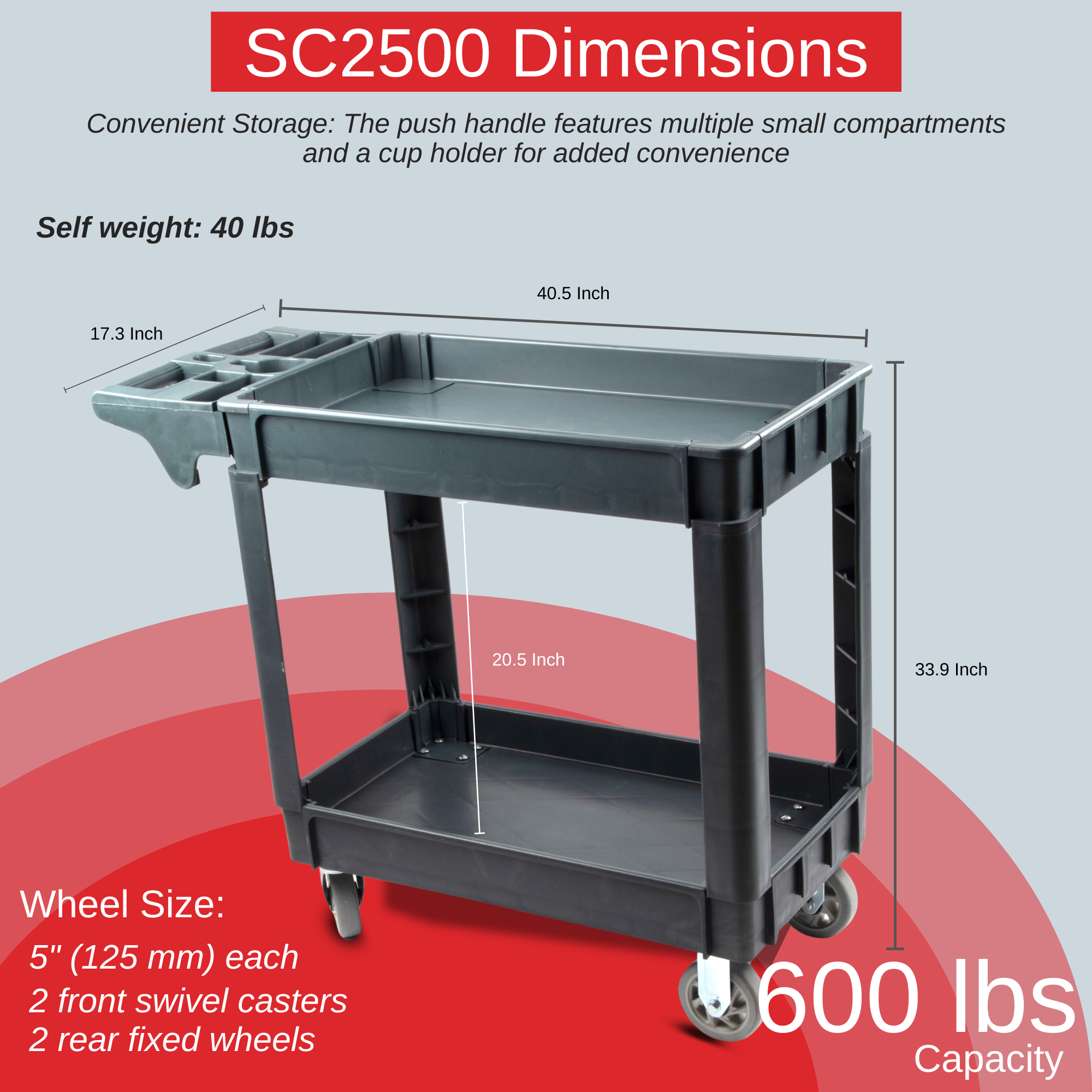 600 lbs Heavy Duty Plastic Rolling Utility Cart with HDPE Shelves & 5 Caster Wheels - Perfect for Warehouse, Garage, Restaurant, Office & Industrial Use
