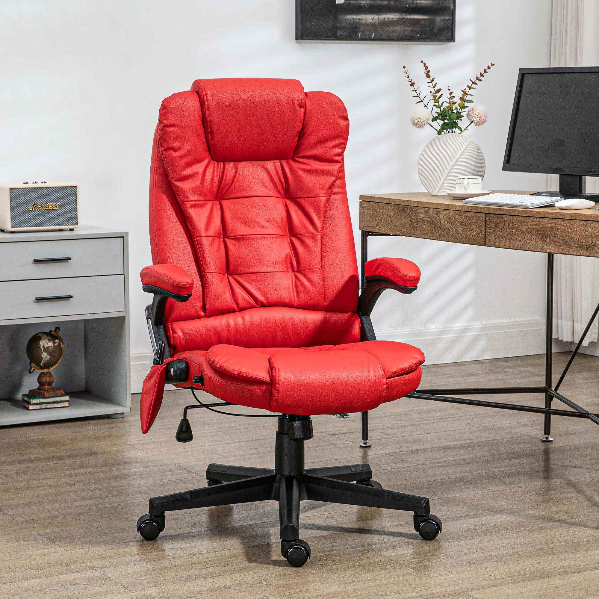 HOMCOM High Back Vibration Massage Office Chair with 6 Vibration Points & Heating - PU Leather Reclining Computer Chair with Adjustable Armrests & Remote Control (Red) - Perfect for Home Office, Gaming & Relaxation