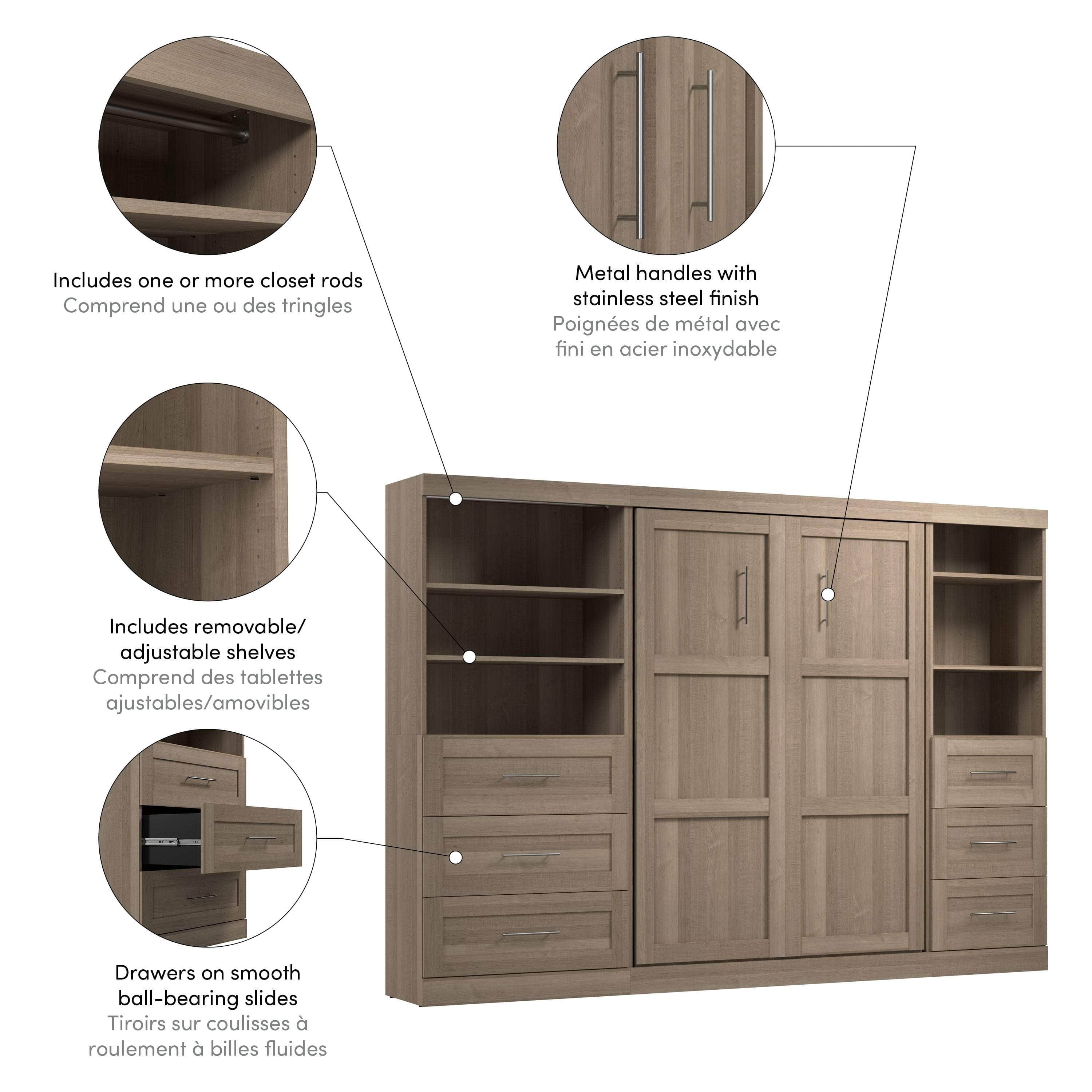 Pur Full Murphy Wall Bed with 2 Storage Units & Drawers (120 Inch) - 5 Color Options | Space-Saving Wall Bed for Small Apartments & Guest Rooms
