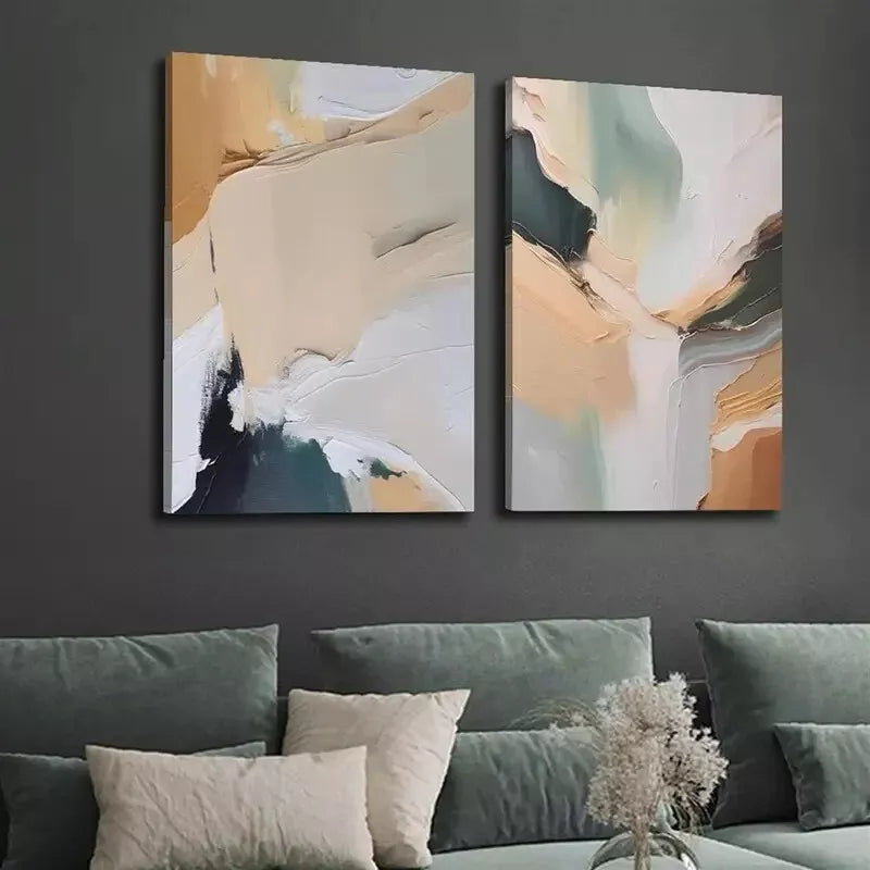 2-Piece Beige Green Modern Abstract Oil Painting Canvas Wall Art - 50x75cm Framed High-Quality Print - 100% Australian Made - Ready to Hang - Perfect for Living Room, Bedroom & Office Decor