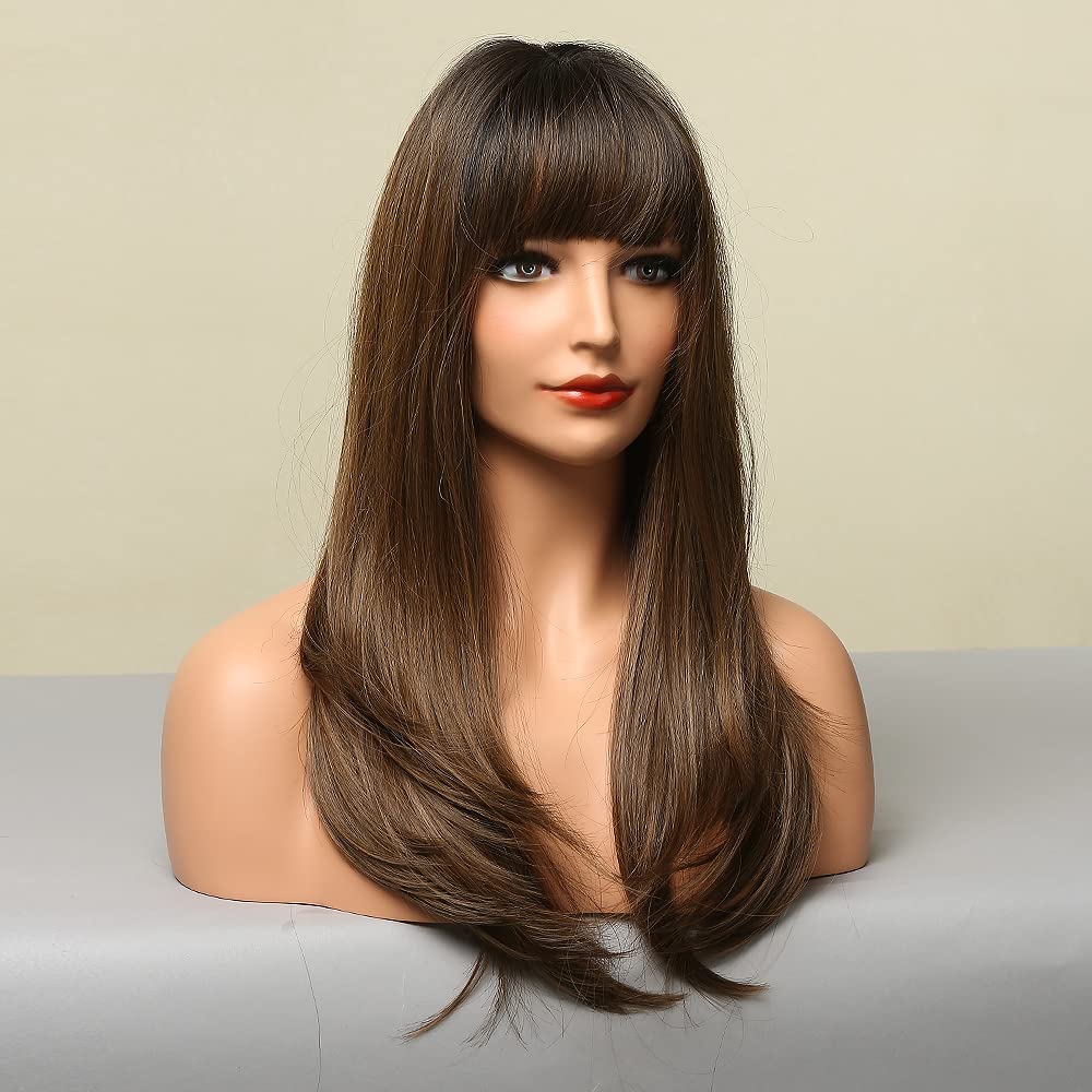 HAIRCUBE Brown Long Straight Layered Synthetic Wig with Bangs for Women - Heat Resistant Fiber, Natural Looking Everyday Wig for Cosplay, Parties & Daily Wear