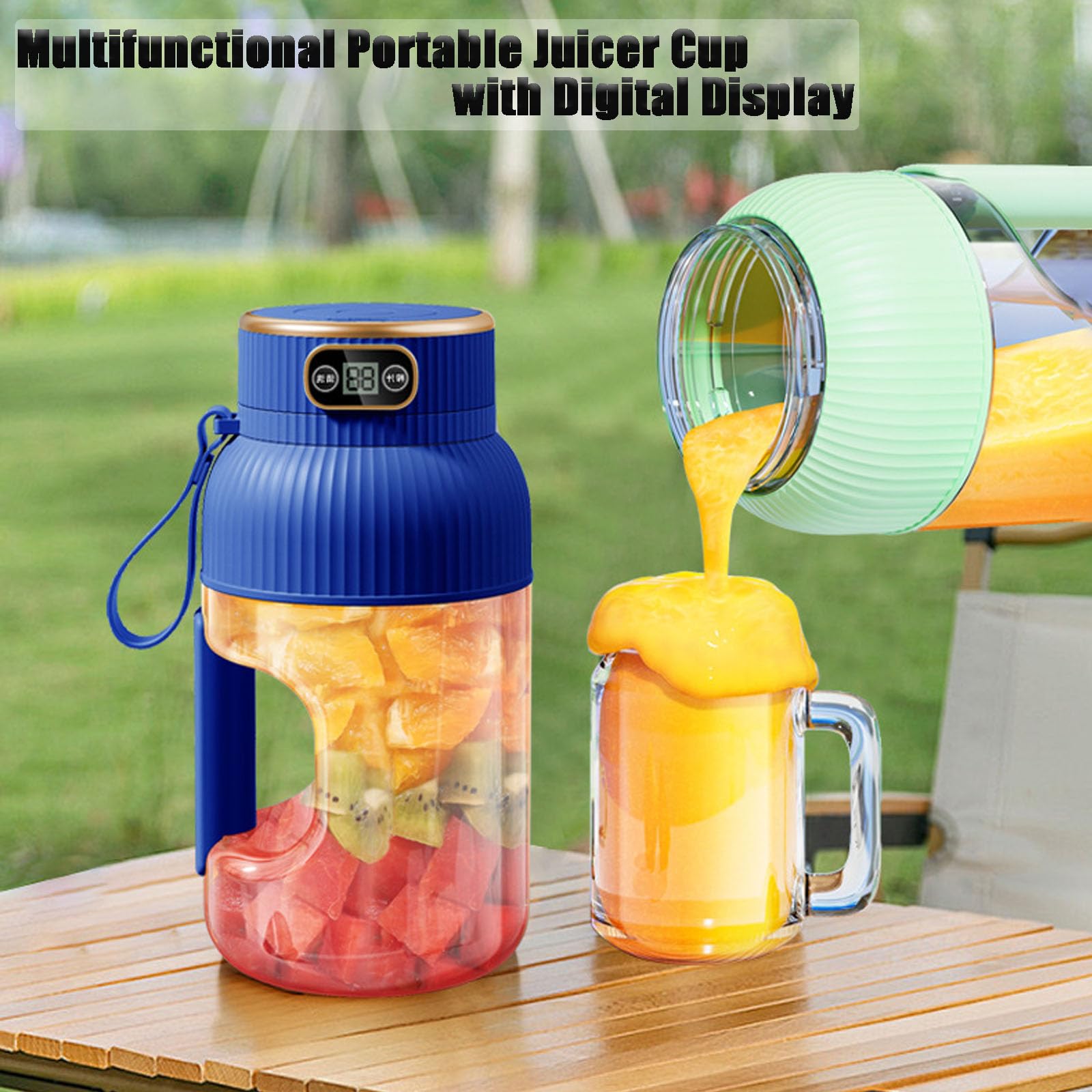Portable Juicer Cup Blender with Digital Display - Multifunctional Travel Blender for Shakes, Smoothies & Fresh Juice - Perfect for Gym, Office & Outdoor Activities (Blue)