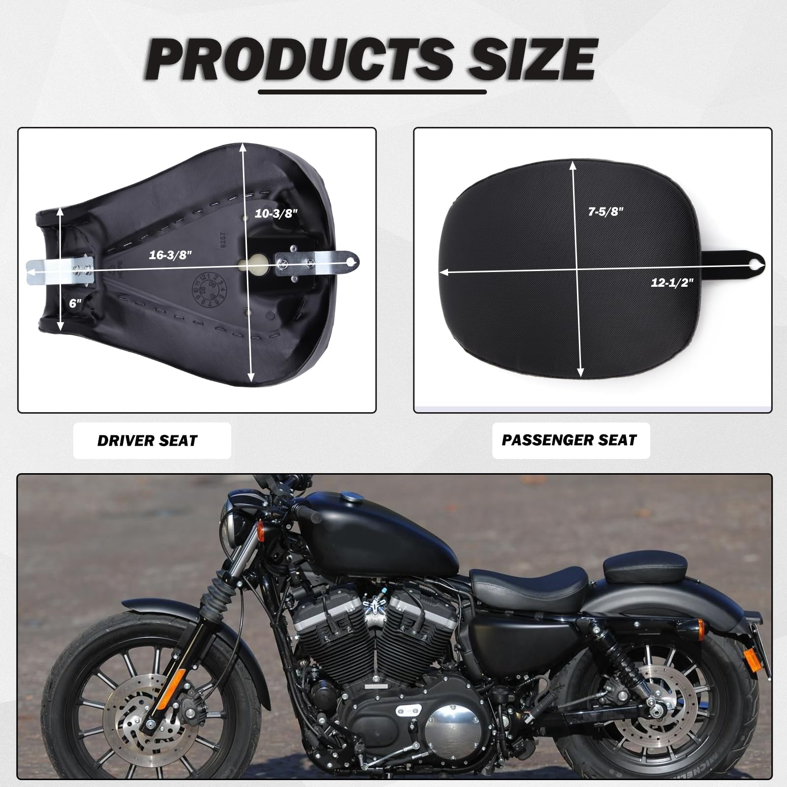 Black Motorcycle Front Driver Solo Seat & Rear Passenger Pillion Pad for Harley Sportster 48/72/Iron 883/XL883/Forty Eight/XL1200/Seventy Two 1200 - Comfortable Riding for Long Distance & City Commuting