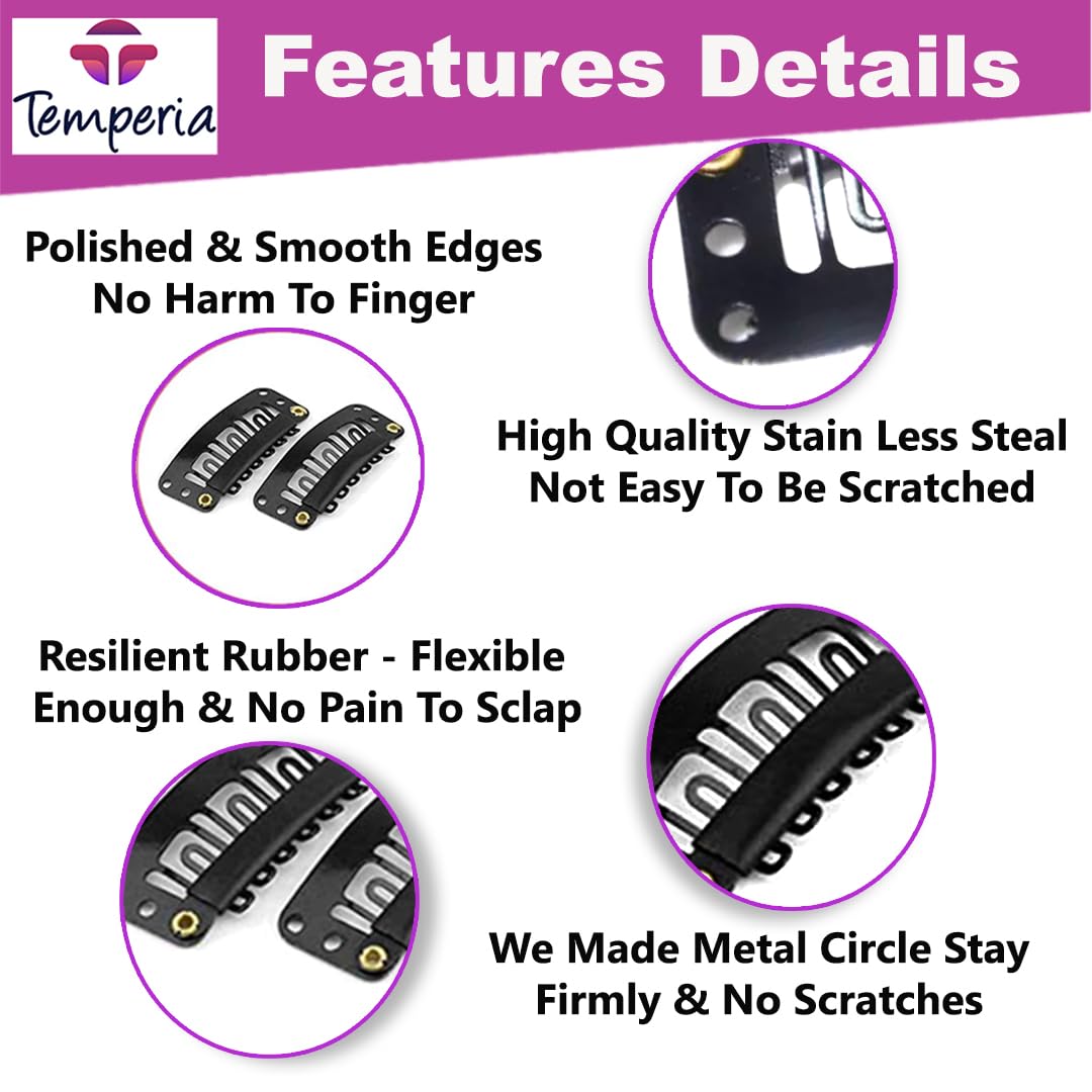 TEMPERIA 50 Pcs Hair Extension Clips for Women & Men - Black Snap Wig Clips (3.4 cm) - Secure Hair Patch Attachments for Daily Styling, Cosplay & Costume Parties