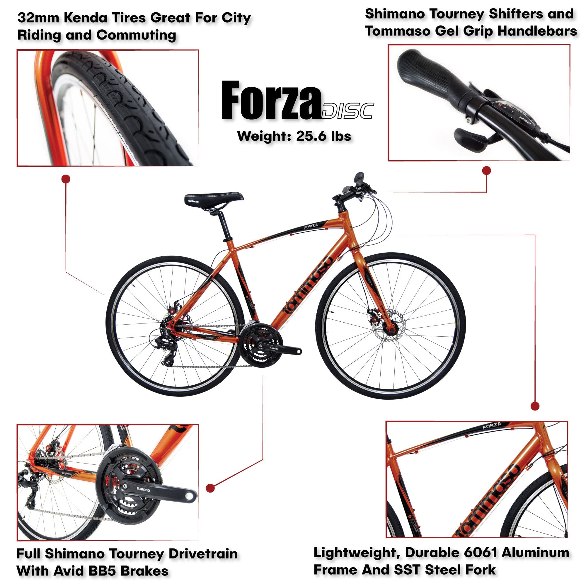 Tommaso Forza Hybrid Bike with Shimano Tourney Gears & Disc Brakes - Medium Frame, Orange - Perfect for Commuting, Fitness & Urban Riding