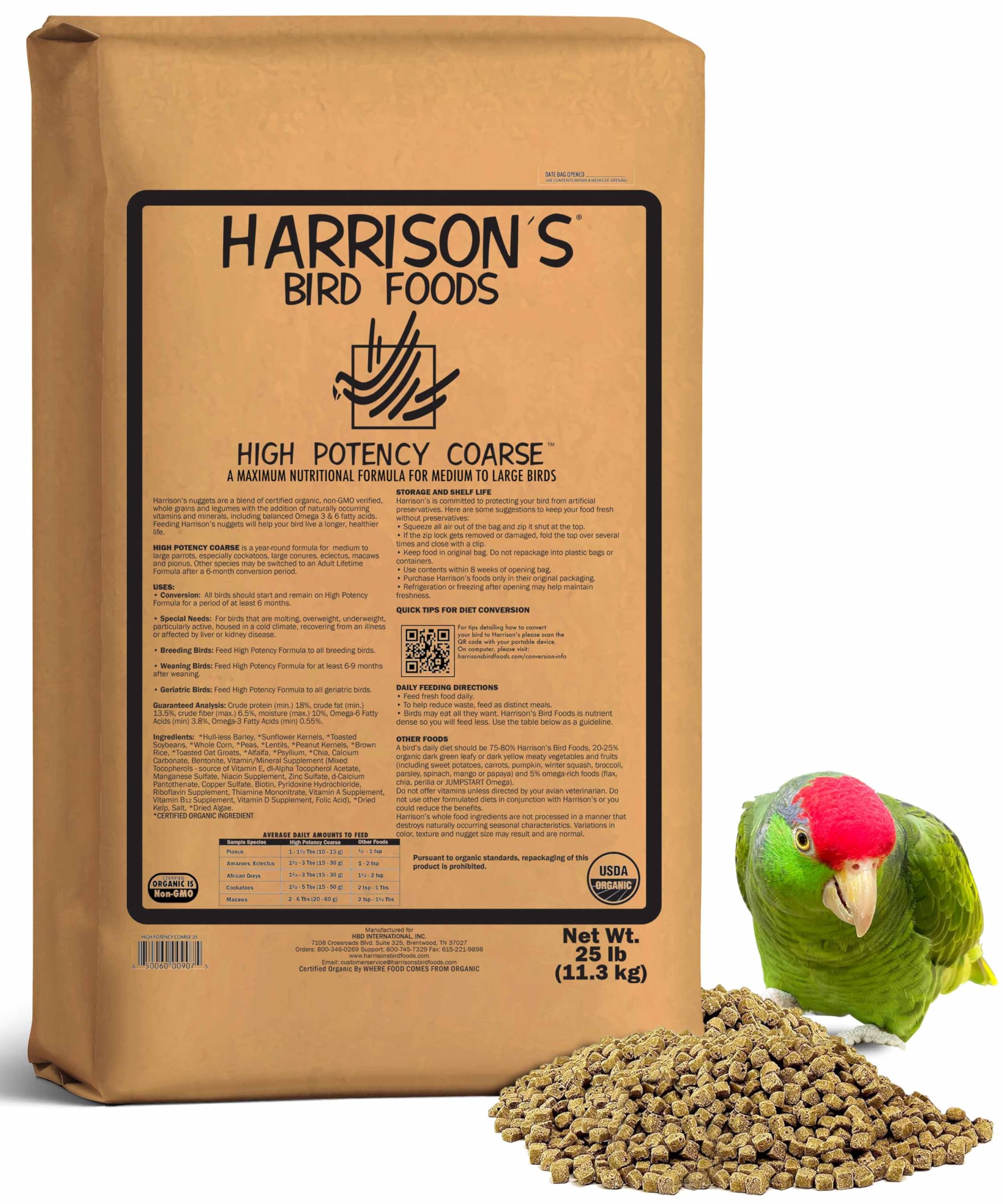 Harrison's High Potency Coarse Organic Non-GMO Bird Food - 25lb Bag | Premium Nutrition for Parrots, Macaws & Cockatoos | Perfect for Daily Feeding & Avian Health Maintenance