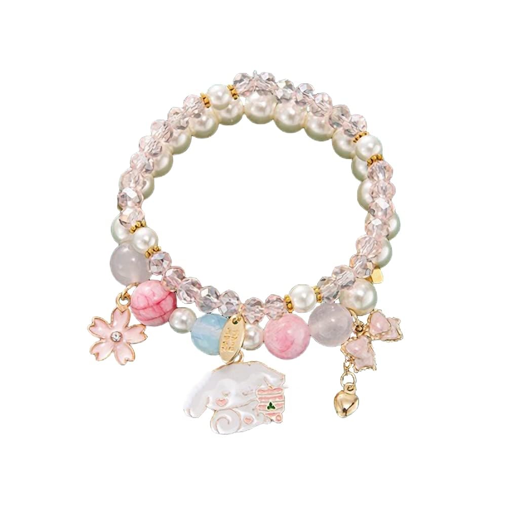 **Elastic Cartoon Crystal Beads Pearl Bracelets - Cute Kawaii Adjustable Beaded Strand Bracelets for Women & Girls - Graduation Charm Bracelet Gift for Kids - Perfect for Parties, School, and Everyday Wear**