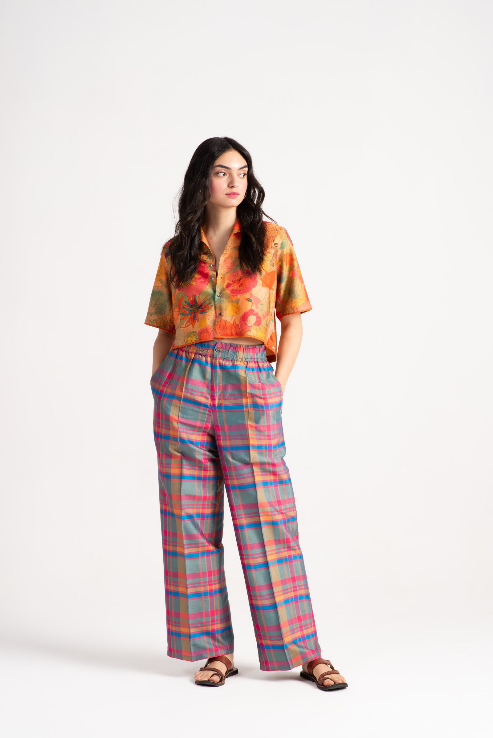 Chandrika Silk Dupion Check Trousers for Women - Elegant Grapefruit Print Wide Leg Pants - Perfect for Office Wear, Parties & Special Occasions