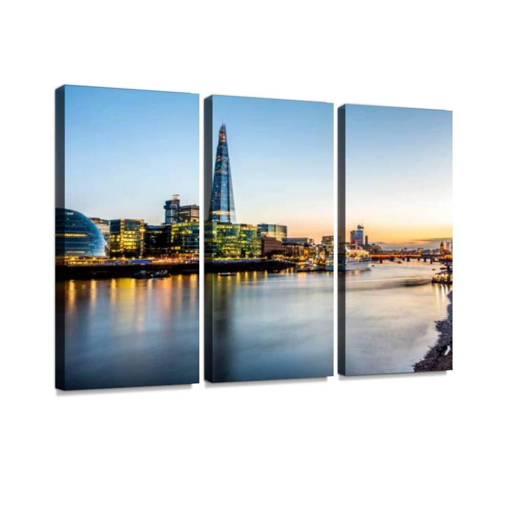 Blaverr Financial District London The Shard Gherkin Dusk Skyline Canvas Wall Art - 3 Panel Modern Painting for Living Room & Bedroom Decor - Stretched Framed Ready to Hang Home Office Wall Decor - Perfect for Apartments, Hotels & Office Spaces
