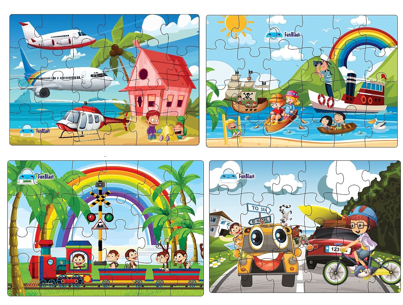 FunBlast 4-Piece Kids Jigsaw Puzzle Set - Transport Vehicles Floor Puzzles for Boys & Girls Ages 3+ (30x22 cm, 96 Pieces, Multicolor) - Perfect for Birthday Gifts, Early Learning & Family Game Night