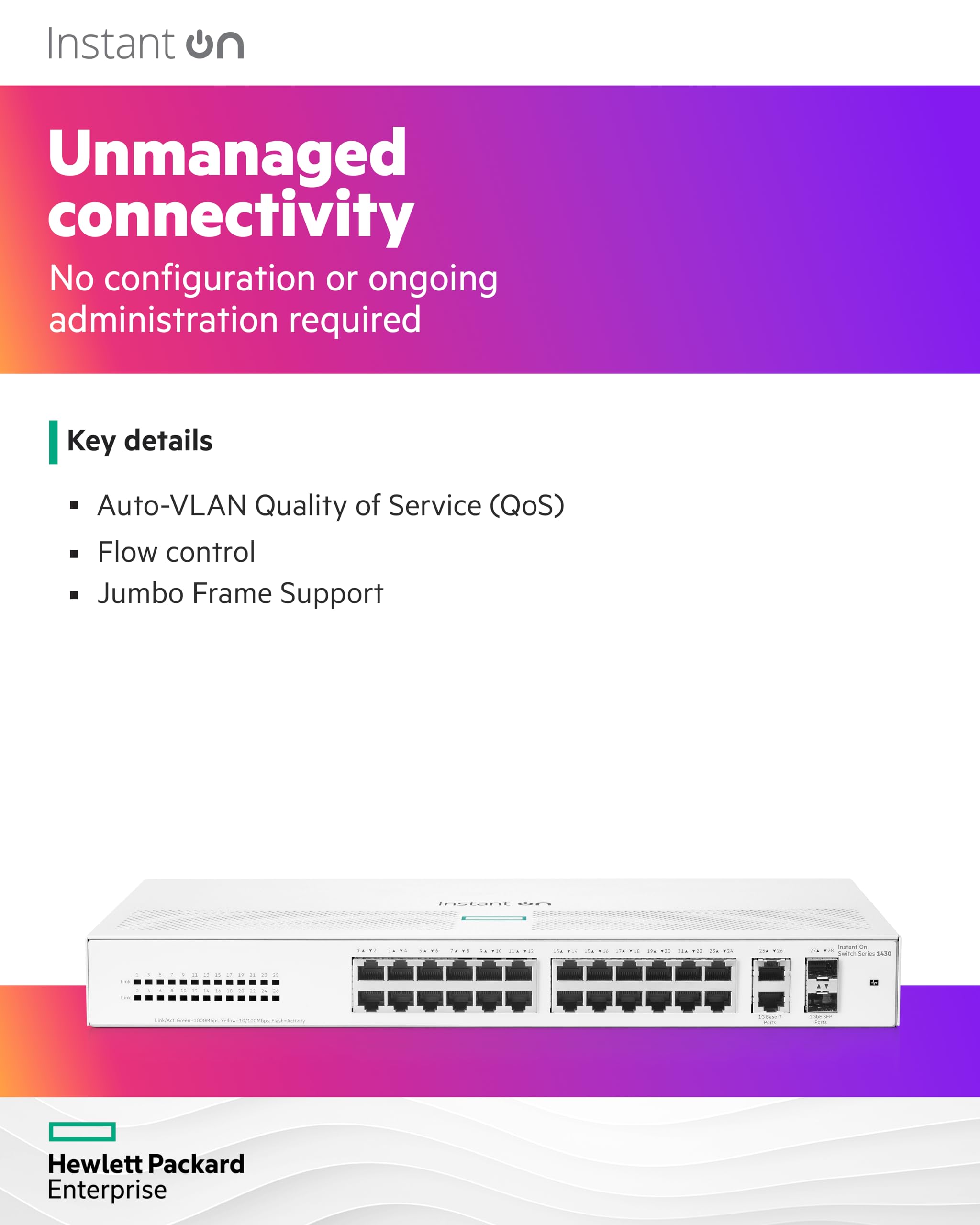HPE Networking Instant On 1430 26-Port Gigabit Unmanaged Layer 2 Ethernet Switch | 26x 1G Ports + 2x SFP Uplinks | Fanless Design | US Power Cord (R8R50A#ABA) | Ideal for Small Business Networks & Home Office Setups