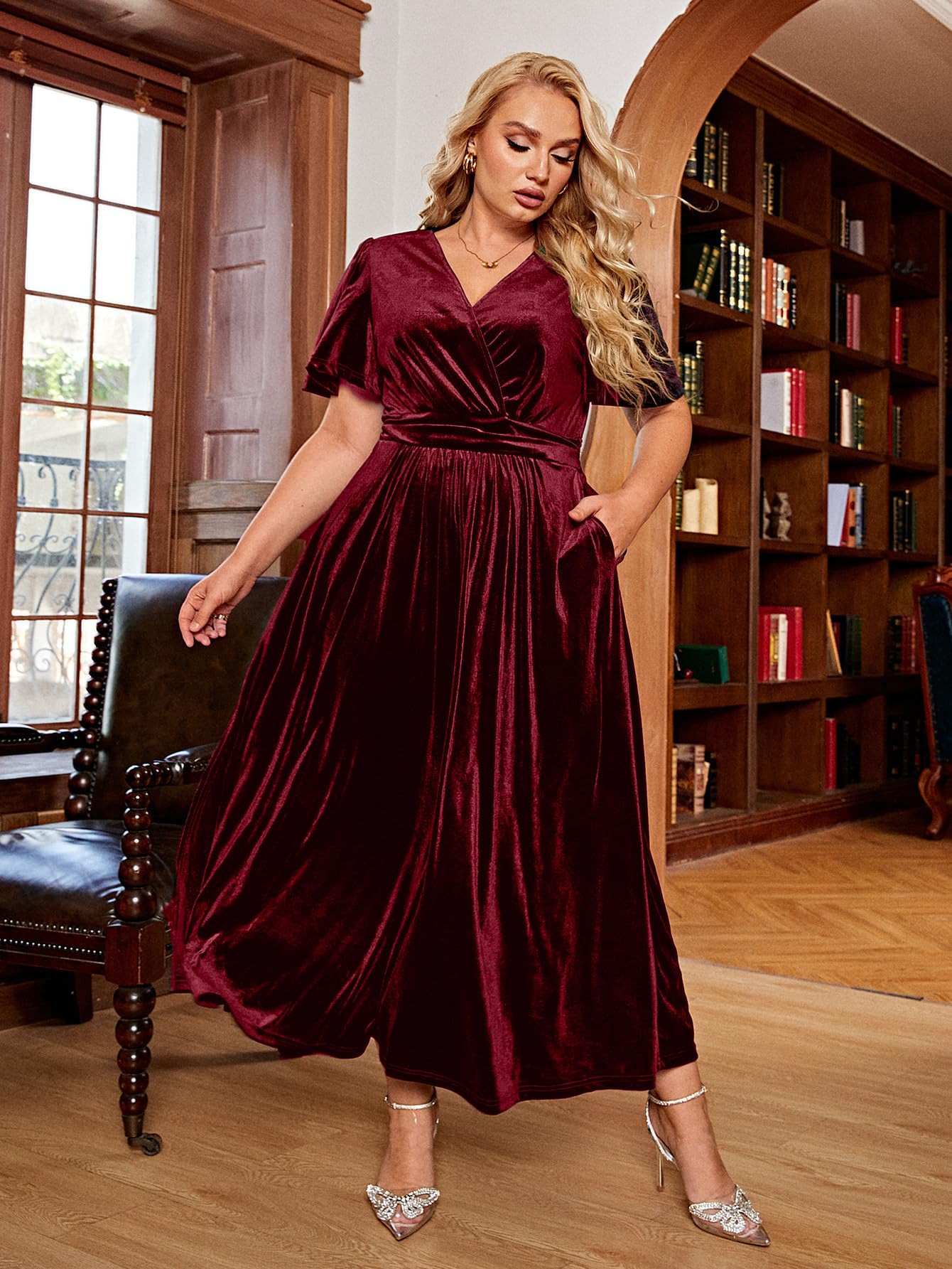 BerryGo Plus Size Velvet Formal Dress for Women - Elegant Wedding Guest Maternity Maxi Dress with V Neck & High Waist | Perfect for Bridal Showers, Evening Parties & Special Occasions