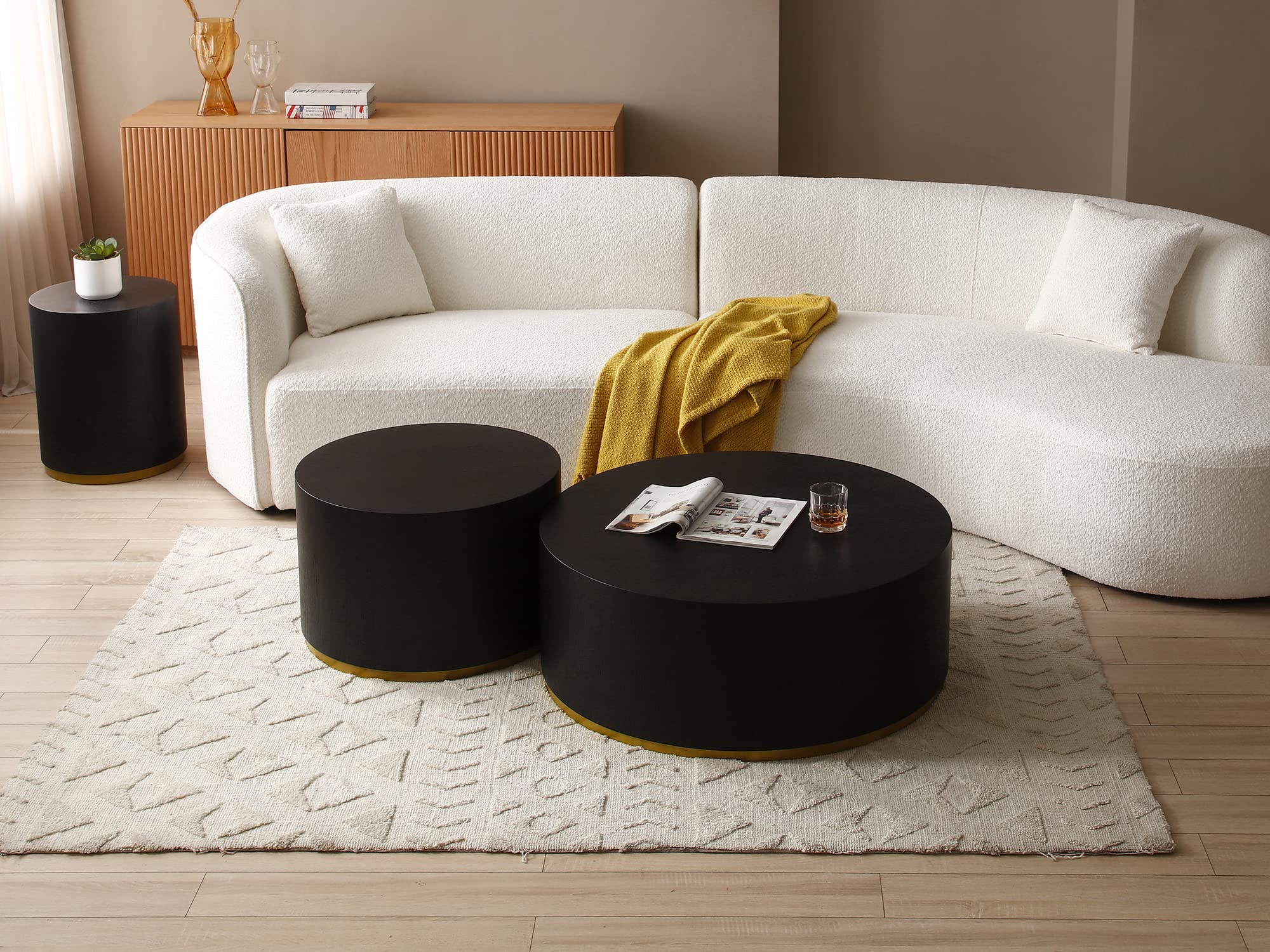Kevinplus 3-Piece Black Drum Coffee Table Set - Round Wood Side & End Tables for Living Room, Apartment, Office - Modern Contemporary Furniture, No Assembly Required (Perfect for Small Spaces, Lounging & Entertaining)
