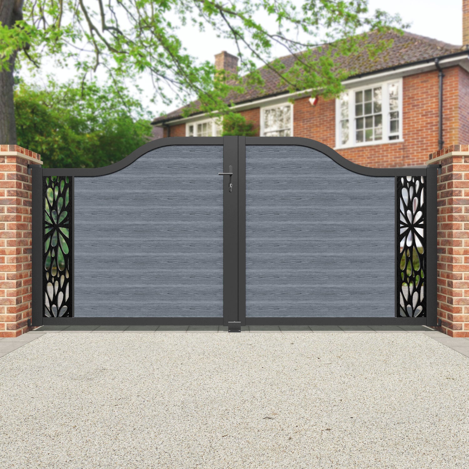 Classic Blossom Curved Top Driveway Gate - Anthracite Black Steel Garden Fence with End Screen | Elegant & Secure Entryway for Homes, Estates & Commercial Properties